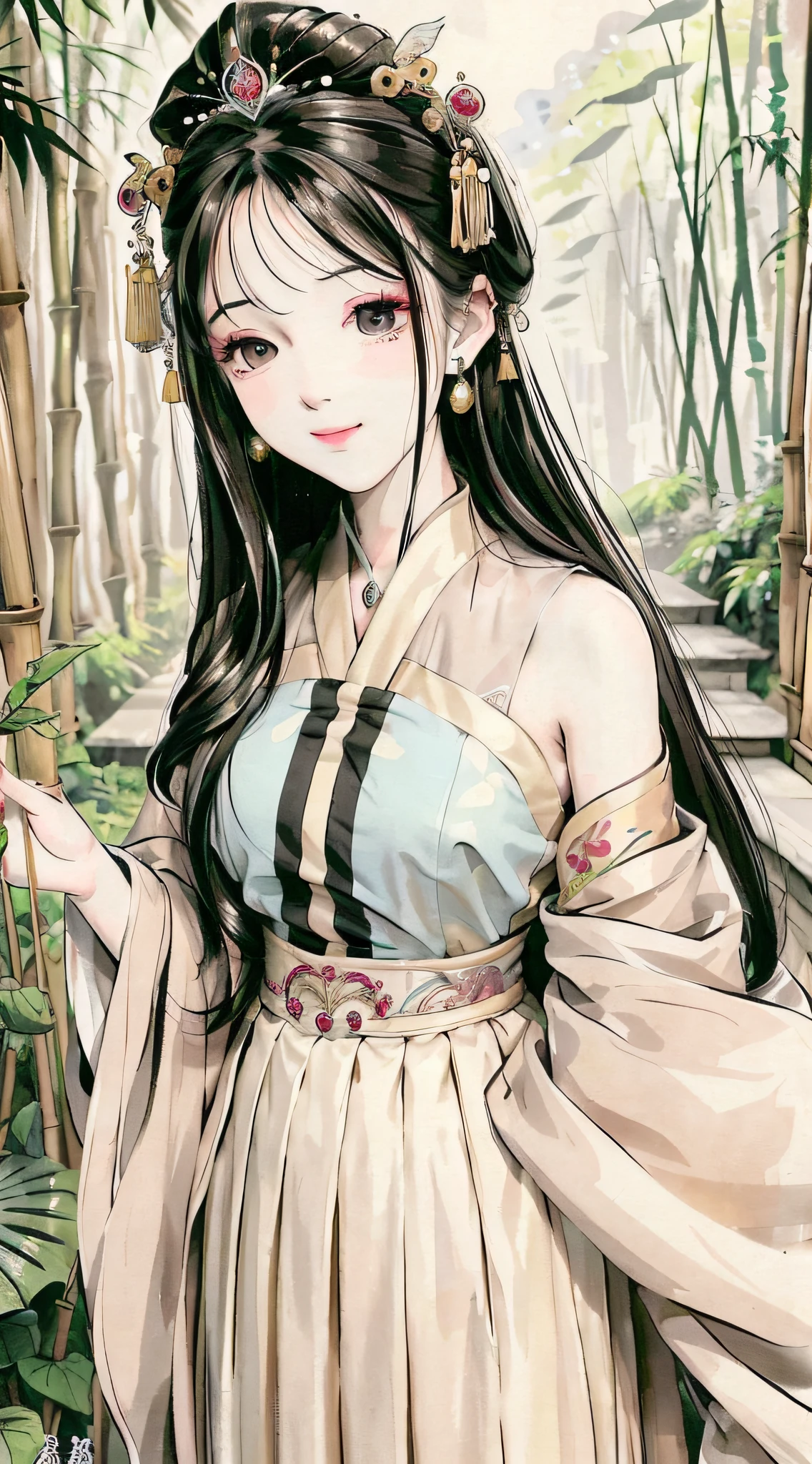 Masterpiece, 4k, super detailed, 1girl, 20-year-old young woman, delicate facial features, perfect face, smile, light makeup, headdress, hanfu, long skirt, skirt, bamboo forest, ink style, gongbi painting