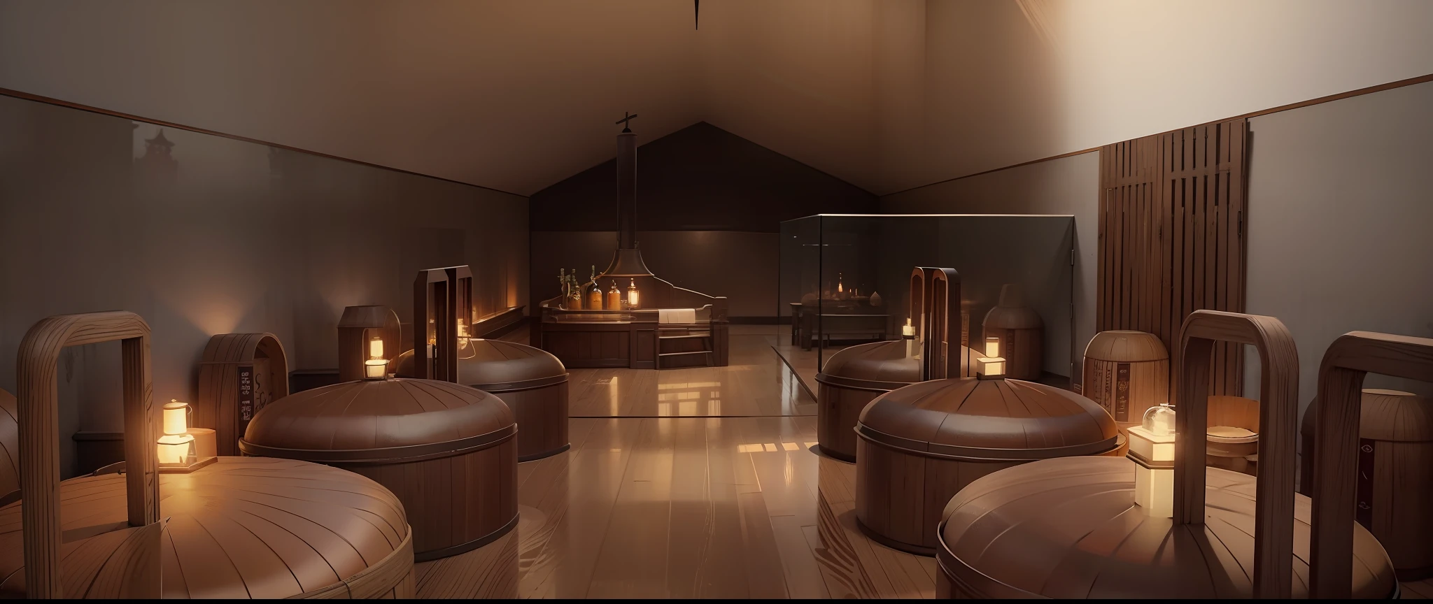 Whiskey Manor Chinese style building ,mash, fermentation ,glass windows --auto --s2