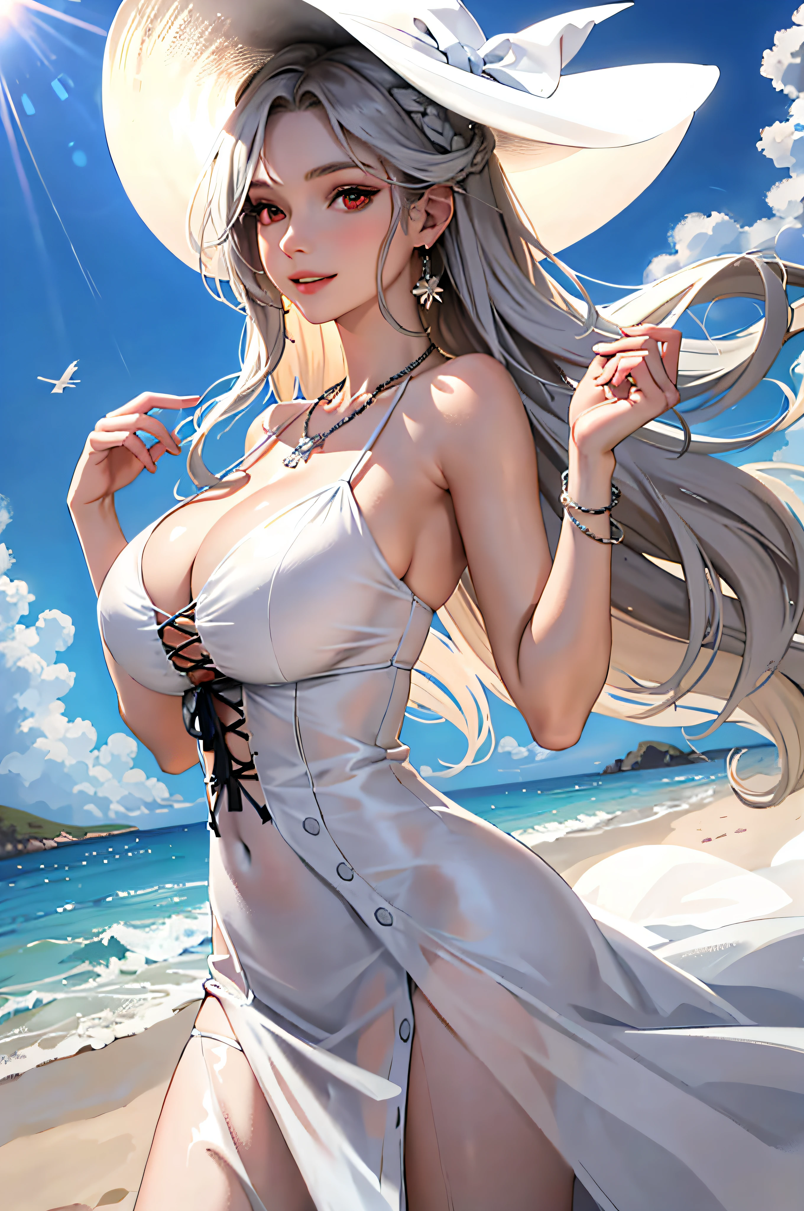 (masterpiece:1.2, best quality), (1lady, solo, upper body:1.2), clothing: white flowing maxi dress, wide-brimmed hat, lace-up sandals, accessories: shell necklace, hair: loose beach waves, makeup: natural, glowing skin, behavior: relaxed, carefree, free-spirited, location: beach, resort, smile, red eyes, huge breasts, straight buttocks