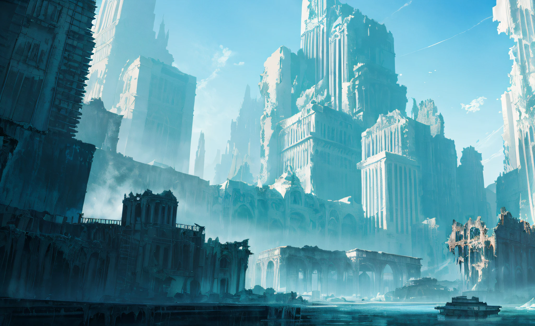 ConceptArt, (ruins), water flooded city, no man, landscape, water, sky, daytime, modern style building, stairs, outdoors, architecture, nature, river, blue sky