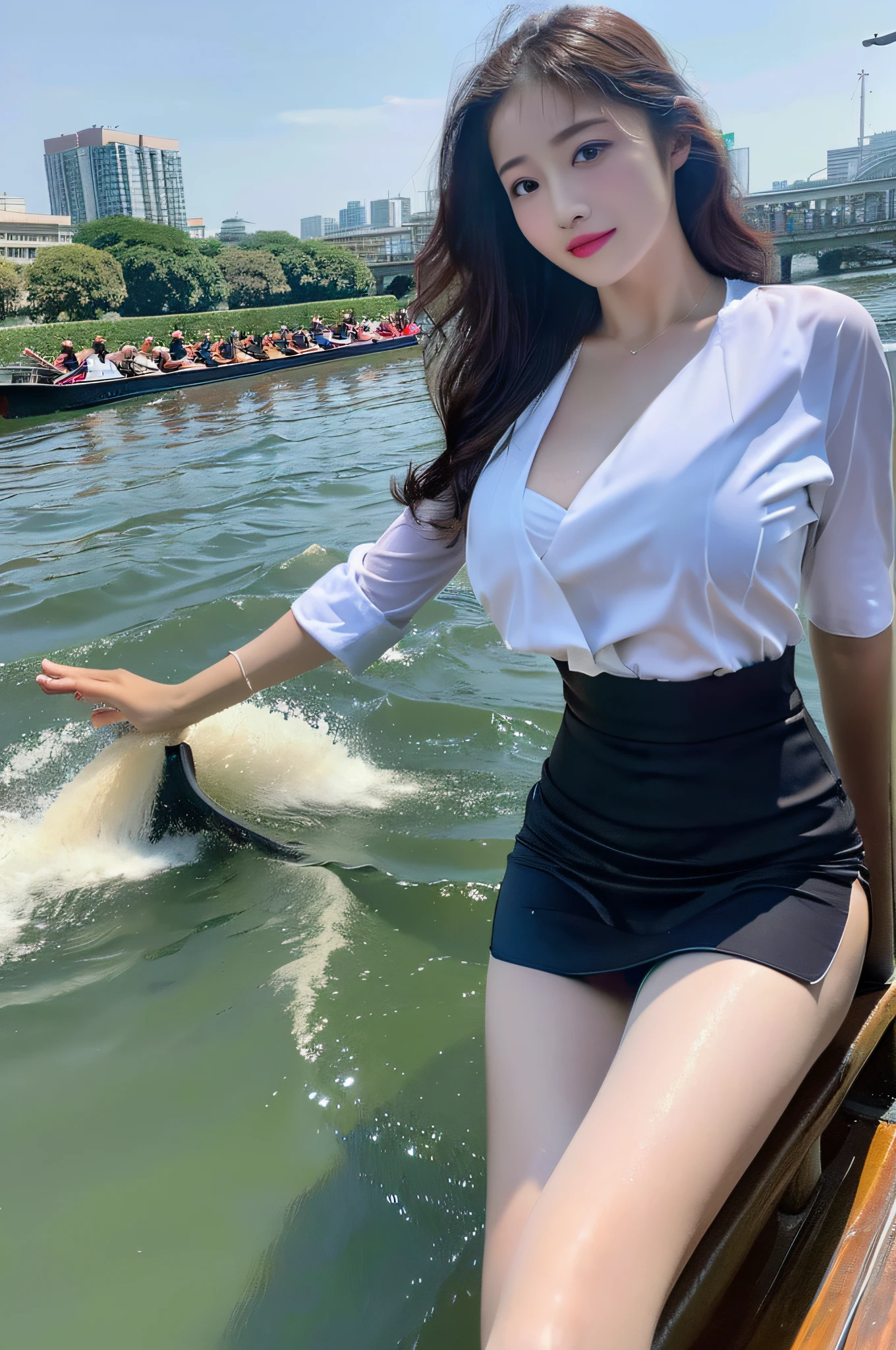 (Masterpiece), (Best Quality: 1.0), (Ultra High Resolution: 1.0), Delicate Eyes, 1 Girl, (Big Boobs), (Soaked Shirt), (Stockings), Big Wave Curls, Dragon Boat Festival, (Short Skirt), (Dragon Boating, Boating), Realistic, (River, Pier, Beautiful Views)