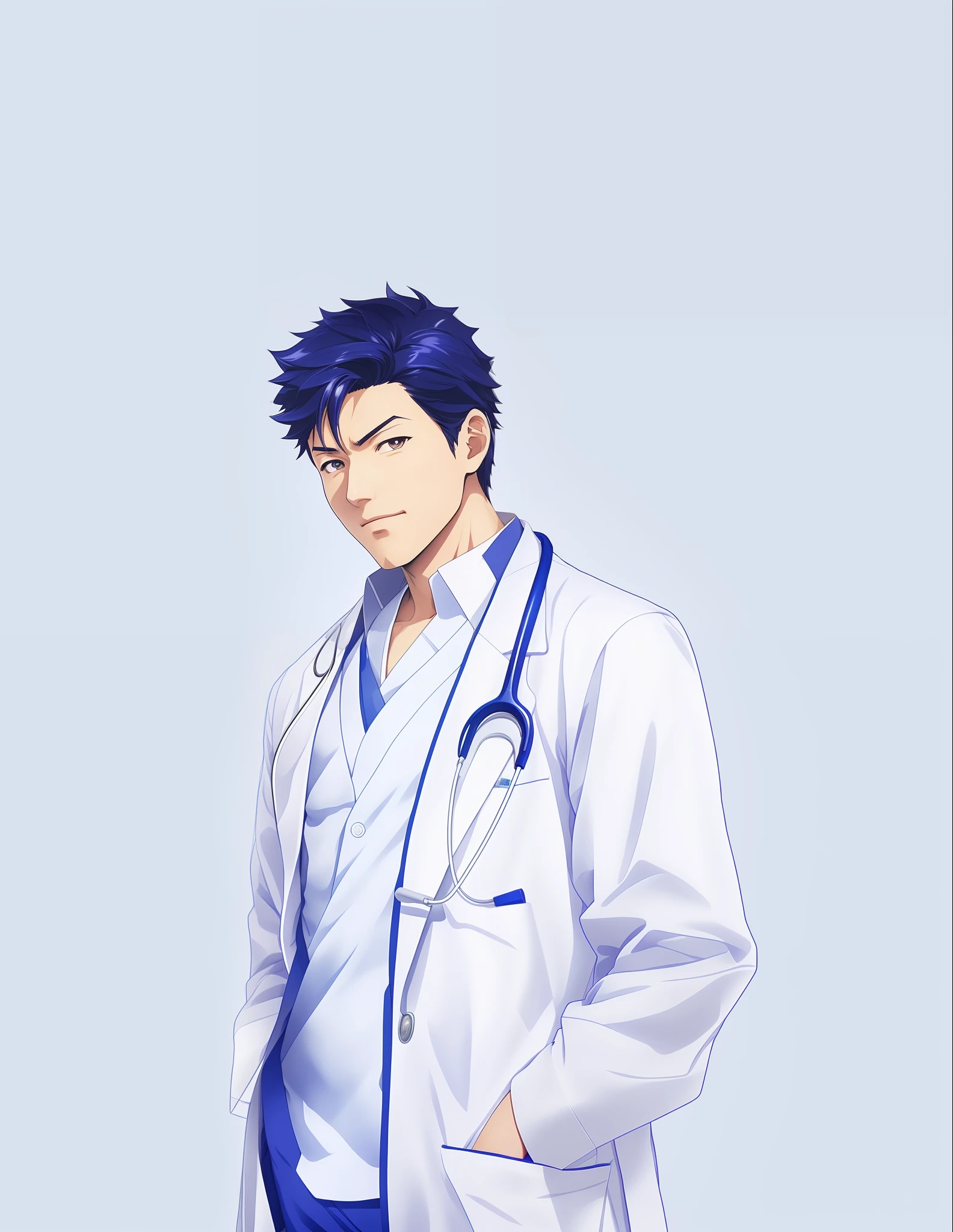 anime male doctor in white coat and blue scrub suit, doctor, (doctor), male physician, makoto shinka, olchas logan cure liang xing, medical doctor, kousuke oono, taisho roman, okabe rintarou, with a lab coat, inspired by Hisui Sugiura, makoto yukimura, shin hanga
