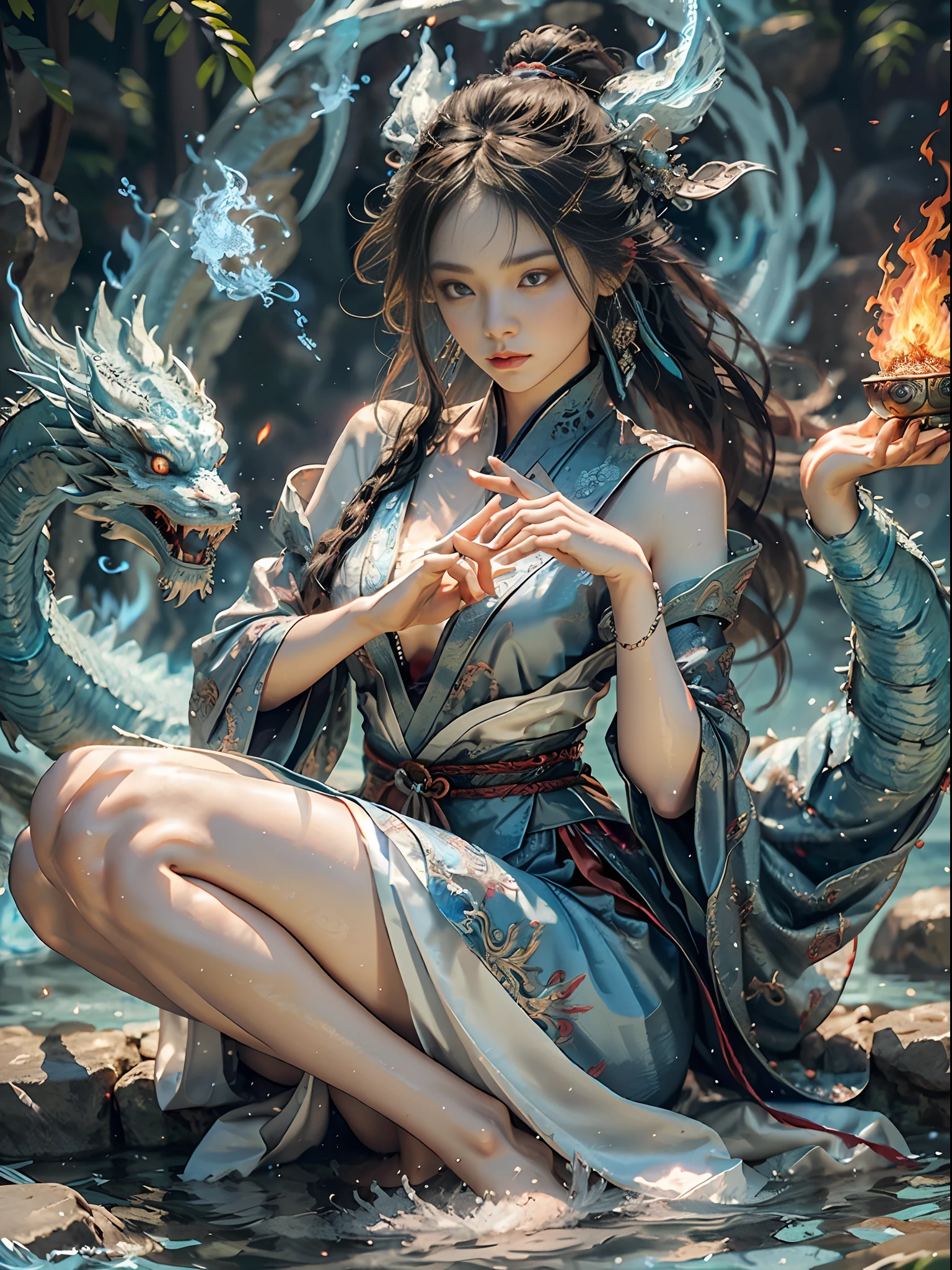 (delicate gorgeous brocade silk + delicate face + feminine makeup + beautiful woman), Taoist metaphysics, sitting cross-legged in the water, cultivating immortals, a blue dragon on the left side spits out blue flame + the right side lies on the fire dragon spits out flame, (left hand blue flame + right hand red flame), background ice and fire alternating gossip diagram + movement effect), (yushui + yuhuo), cold and warm tones, water and fire are incompatible, yin and yang harmonize, left and right balance, power balance picture, form a gossip array, picture echoes, and its coordination, normal female fingers, The picture is correctly proportioned, full body