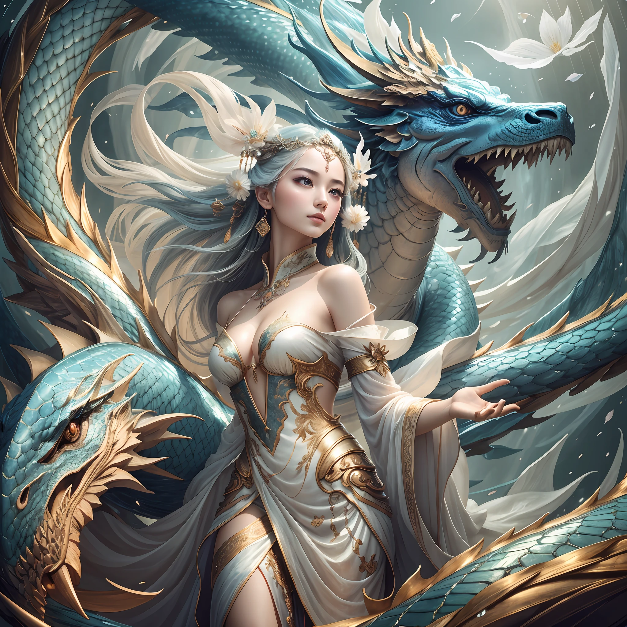 In a captivating image, an elegant woman clad in a white Chinese gown glides through the sky atop a mythical Chinese dragon. As they traverse the heavens, her flowing gown and the dragon's iridescent scales create a mesmerizing vision of harmony and otherworldly beauty.
hdr, (photorealism, masterpiece quality, best quality), , pureerosface_v1,ulzzang-6500-v1.1, --auto --s2