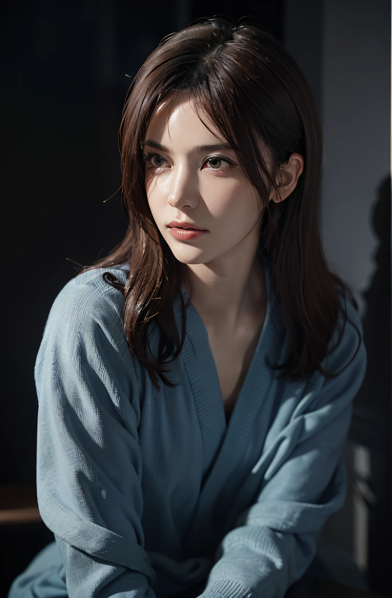 Surrealist female portraits by David Hockney and Alphonse Mucha, fantasy art, photorealism, dynamic lighting, artstation, poster, volumetric lighting, very detailed faces, 4k, award-winning, 1girl, in the dark, deep shadows, understated, denim photos, (formal wear: 1.4), long hair, single eyelids, small eyes Danphoenix eyes, low nose bridge, soft face shape, square round face. The background window has a view of the tower.