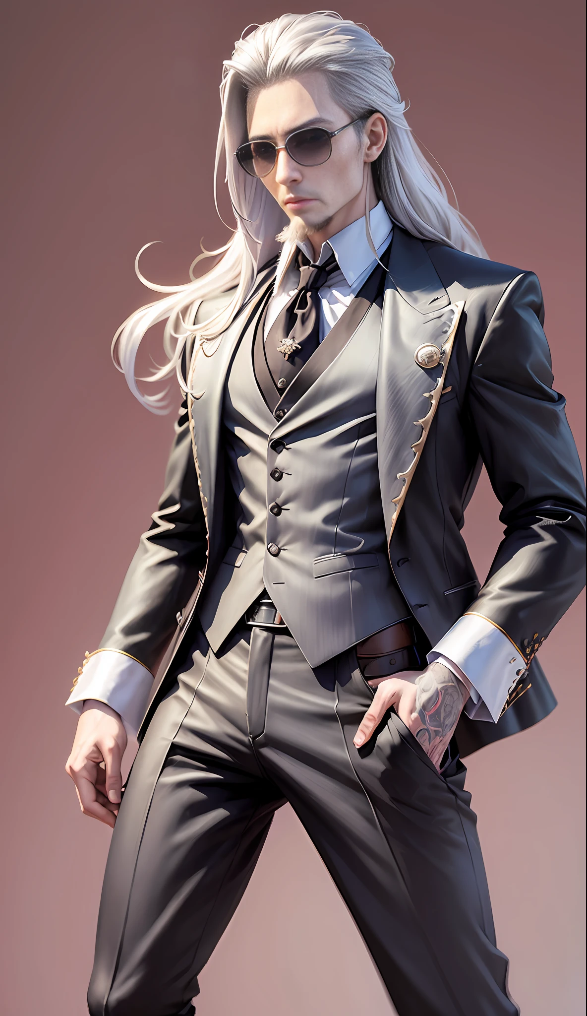 (highest quality, super masterpiece),4k,(anime style)、slender, vest, johnny's man, vest, from bihind,(whole body 1.1), transcendently well-formed face (full body) (anime style), round sunglasses, long silver hair, hair tied back, Johnny Depp face, transcendent handsome, beard, ((full body 1.1)), --auto --s2