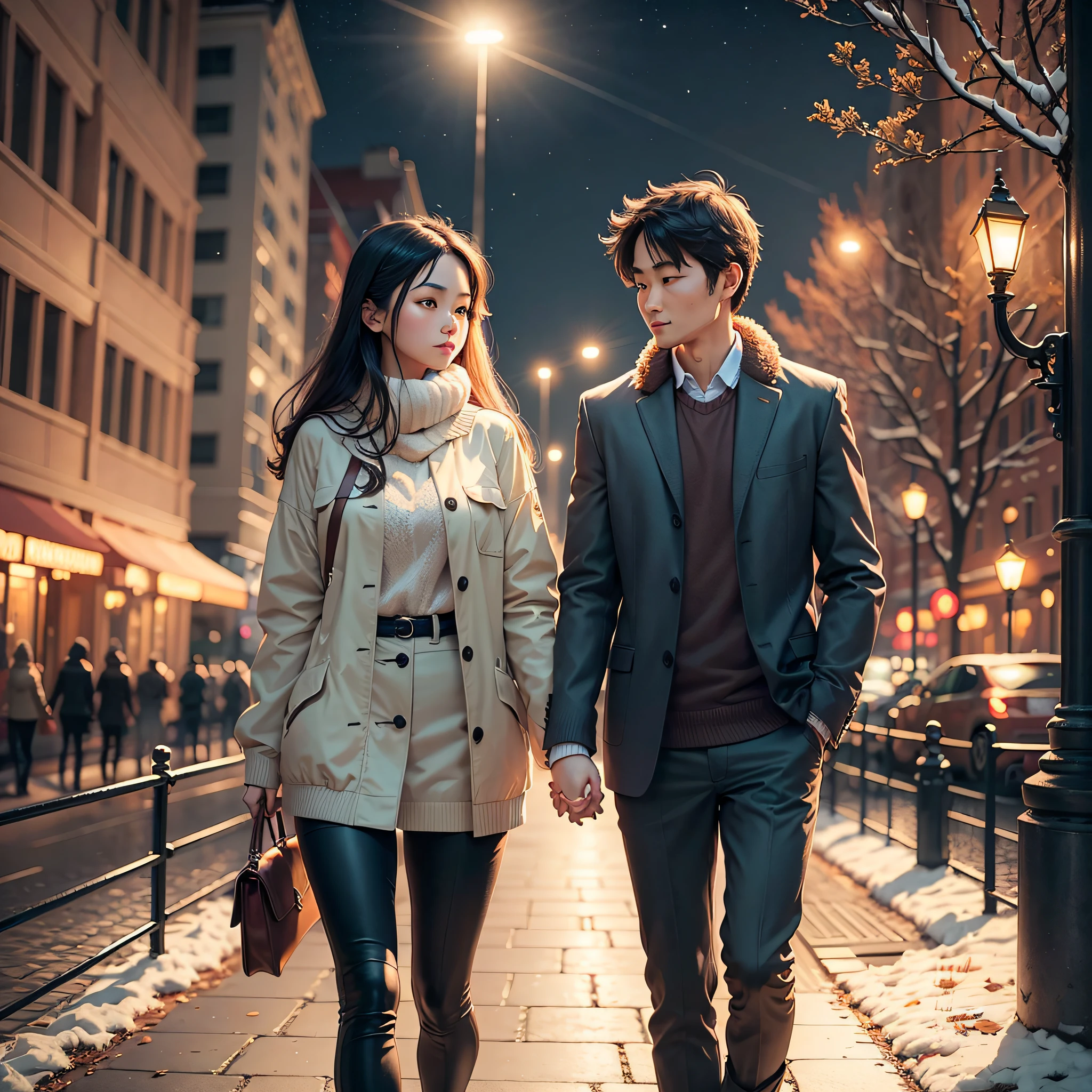 Park , at night, a couple strolls through the park hand in hand. Their figures looked particularly warm in the moonlight --auto --s2