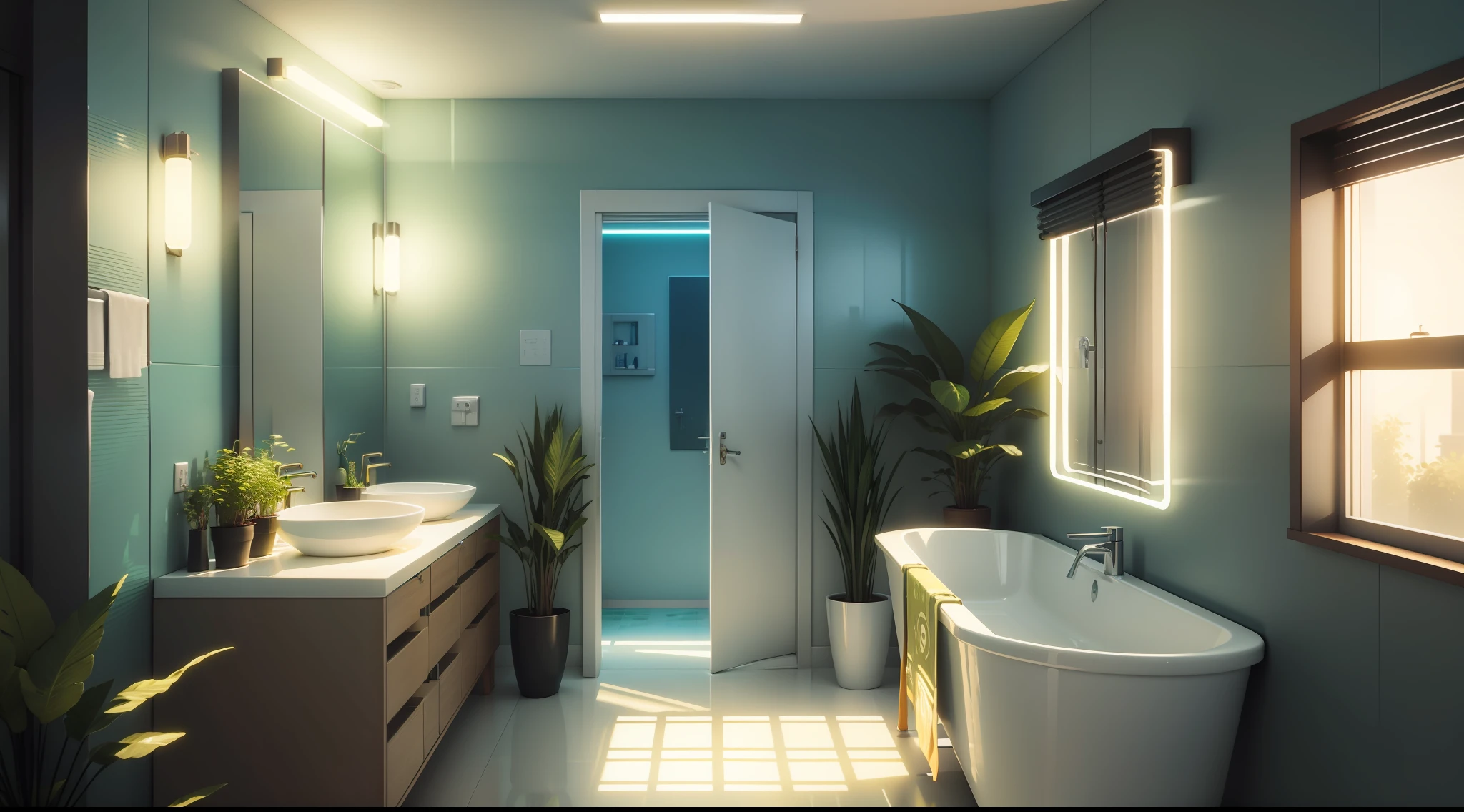 there is a bathroom with a glass shower and a sink, solarpunk apartment, solarpunk IKEA, futuristic. Game CG, the solarpunk apartment, in a solarpunk themed room, solarpunk room, solarpunk decoration, solarpunk bedroom background, cgsociety 9, solarpunk children's room, retro solarpunk apartment, solarpunk interior, solarpunk environment, bathroom for games, solarpunk style, hyperrealistic and solarpunk design, many plants