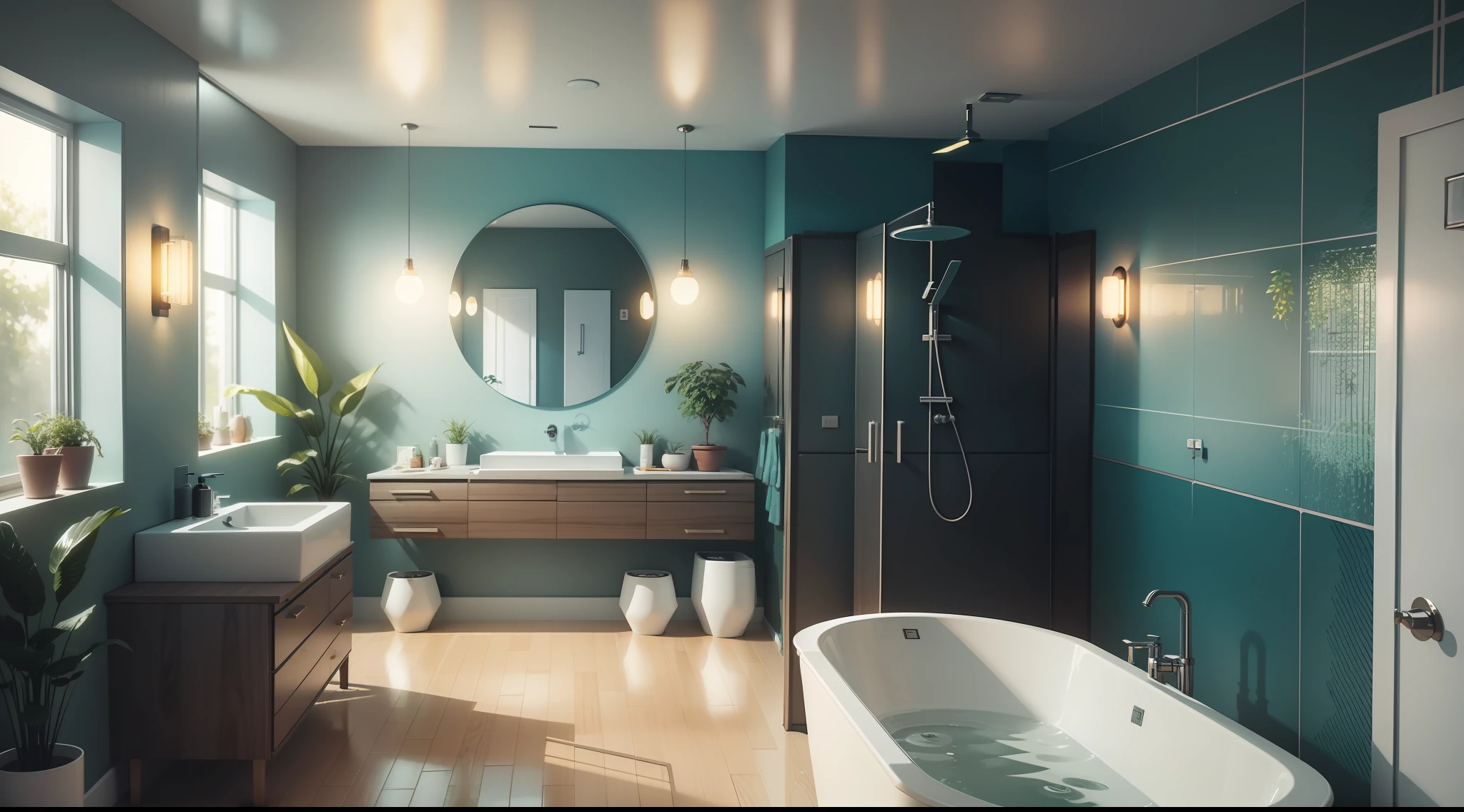 there is a bathroom with a glass shower and a sink, solarpunk apartment, solarpunk IKEA, futuristic. Game CG, the solarpunk apartment, in a solarpunk themed room, solarpunk room, solarpunk decoration, solarpunk bedroom background, cgsociety 9, solarpunk children's room, retro solarpunk apartment, solarpunk interior, solarpunk environment, bathroom for games, solarpunk style, hyperrealistic and solarpunk design, many plants
