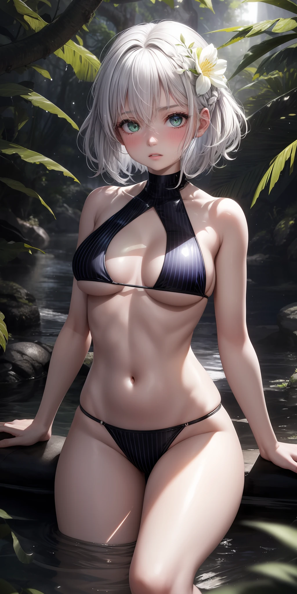 Real, One Girl, White Hair,Forward Bend, Green Eyes, Glowing Eyes, Simple Background,Fantastic, Stormy, Wet,Forest, Water, Lying Down, Wonderful, Hairstyle Short Cut, Impossibly Large, Angled from Below, Striped Micro Bikini, , Silver T-Back, Back, Protruding Buttocks, Parted Lips, Blushing, Rough Breath, Flower, Sun, Sunlight, {{{Masterpiece}}},
{{{{{Official Art}}}}},
{{{high quality}}},
{{{highest quality}}},
{{{{8k_wallpaper}}}},
{{{{Very detailed eyes}}}},
{{{{{Very detailed body}}}},
{{{Very detailed finger}}}