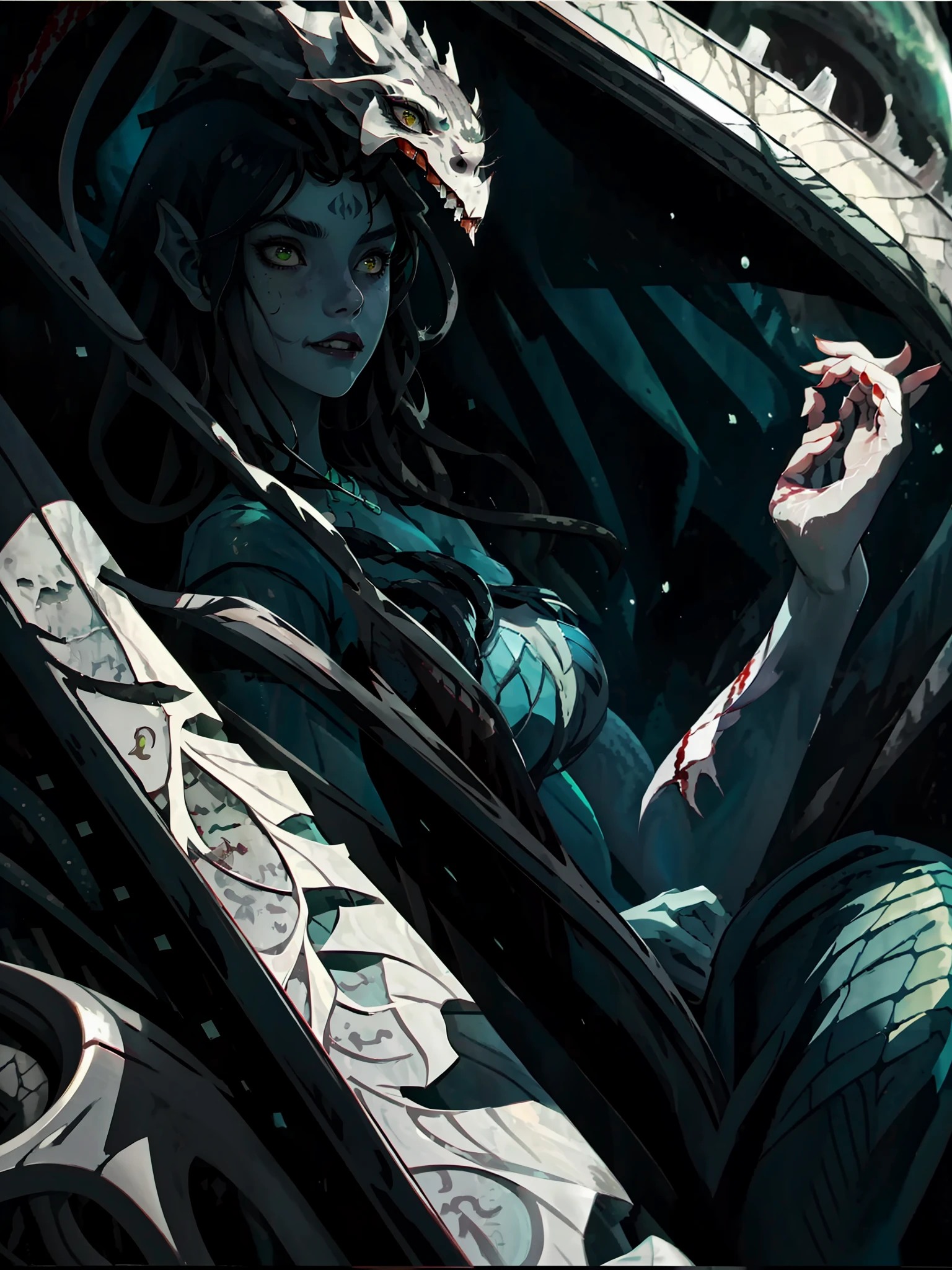 (masterpiece, best quality:1.2),bloody and sexy, beautiful face,Gray-green skin,mermaid, highly detailed, {best quality}, {{depth of field}}, illustration, solo, sharp focus, {{character {1 girl, }}, (black straight hair:1.6),(hair is straight and loose), light smile, beautiful detailed eyes, sharp teeth, {looking at viewer}, {li},{masterpiece illustration},full body, normal angle,horror art, creepy, blood,beautiful form of chaos,ocean of blood, elegant, vivid colours, romanticism,an evil mermaid siren, bathing in a blood, maniacal laughter, atmospheric, death, decay, cool face, horror art, blood, colorful black,