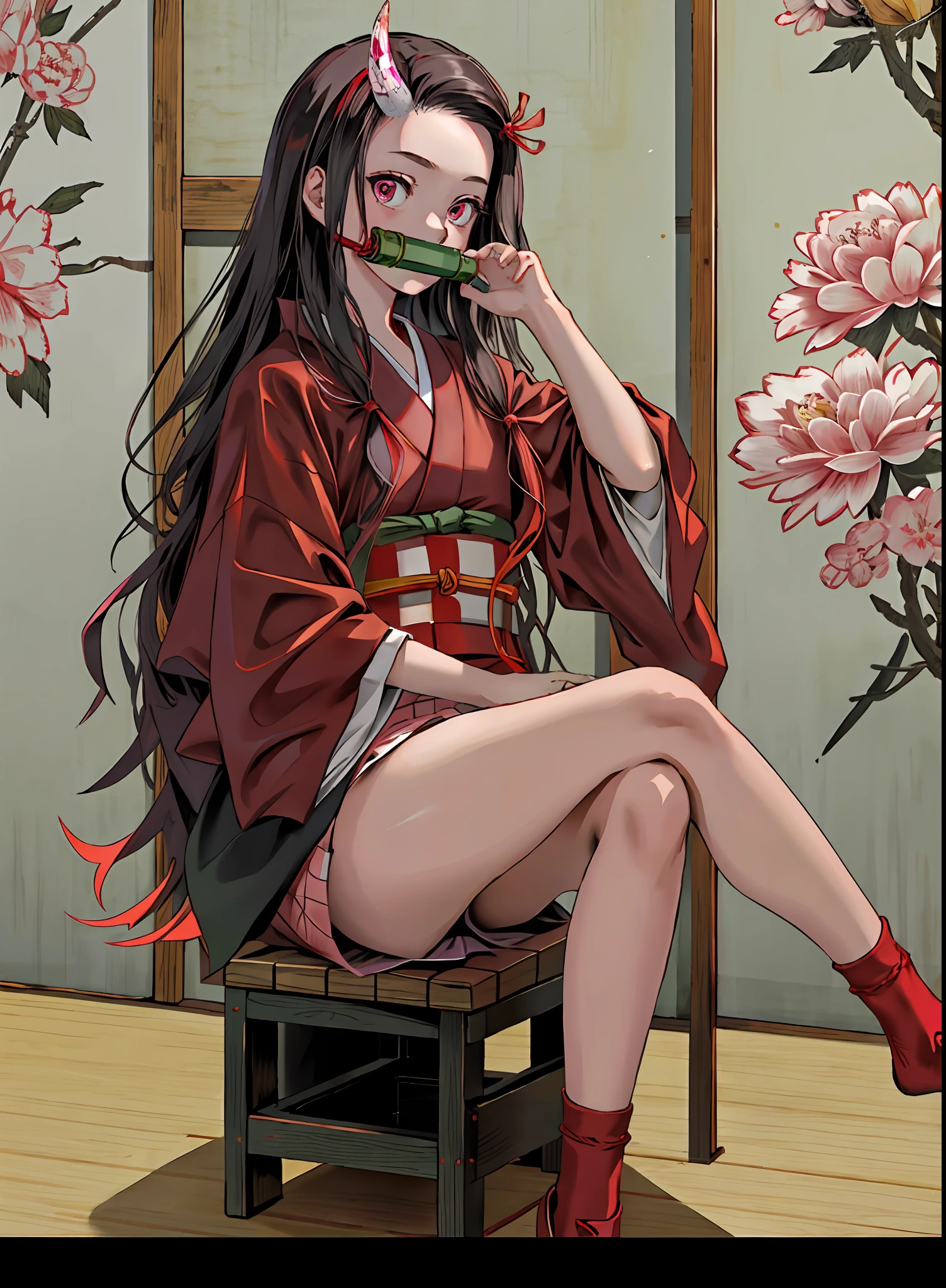best quality, masterpiece, kamado nezuko, bit gag, gagged, sitting, cross legs, red eyes, evil, japanese clothes, pink color clothes, crawl:1.4, wooden box, inside box, horn