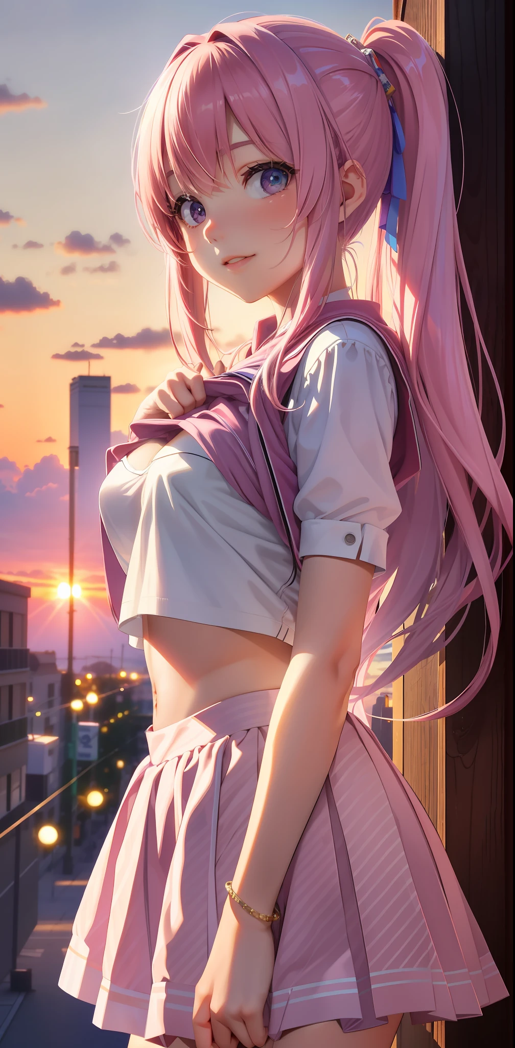 Best quality, masterpiece, girl, pink hair, light white skirt, sunny type, (in a sea of violet: 1.4), (size 9:16, picture quality 4K) (mid-chest: 1.4) cleavage Very long hair, high ponytail, delicate face, cold face, (smooth chin: 0.85), looking at the audience, beautiful eyes, detailed eyes, skirt, (sunset: 1.4), from the side, photon mapping, physically based rendering, RAW photos, highly detailed background, (Real photo: 1.35), high resolution, perspective, front, (ulzzang-6500: 0.4)