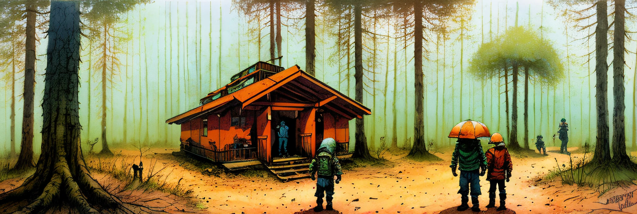 ipicnic, forest, family, science fiction, complex scene   futuristic, post-apocalyptic
dark, dim light, dark-scene, orange-scale, day
(  ink sketch by Enki Bilal)((masterpiece, best quality, )),