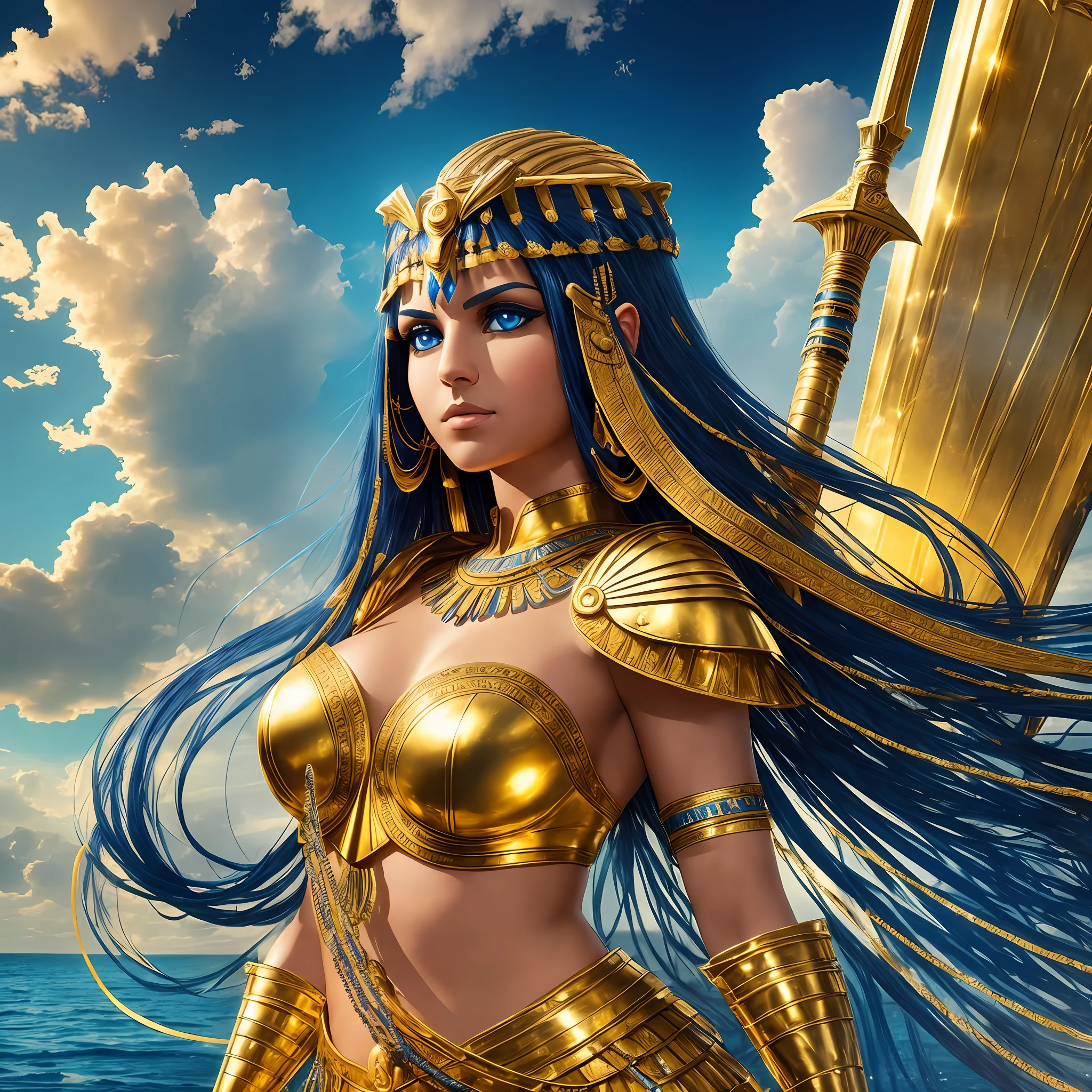 Cleopatra, metallic heroic costume covering the entire body, holding golden sword, golden and blue lights in aura, dramatic pose, ocean blue background