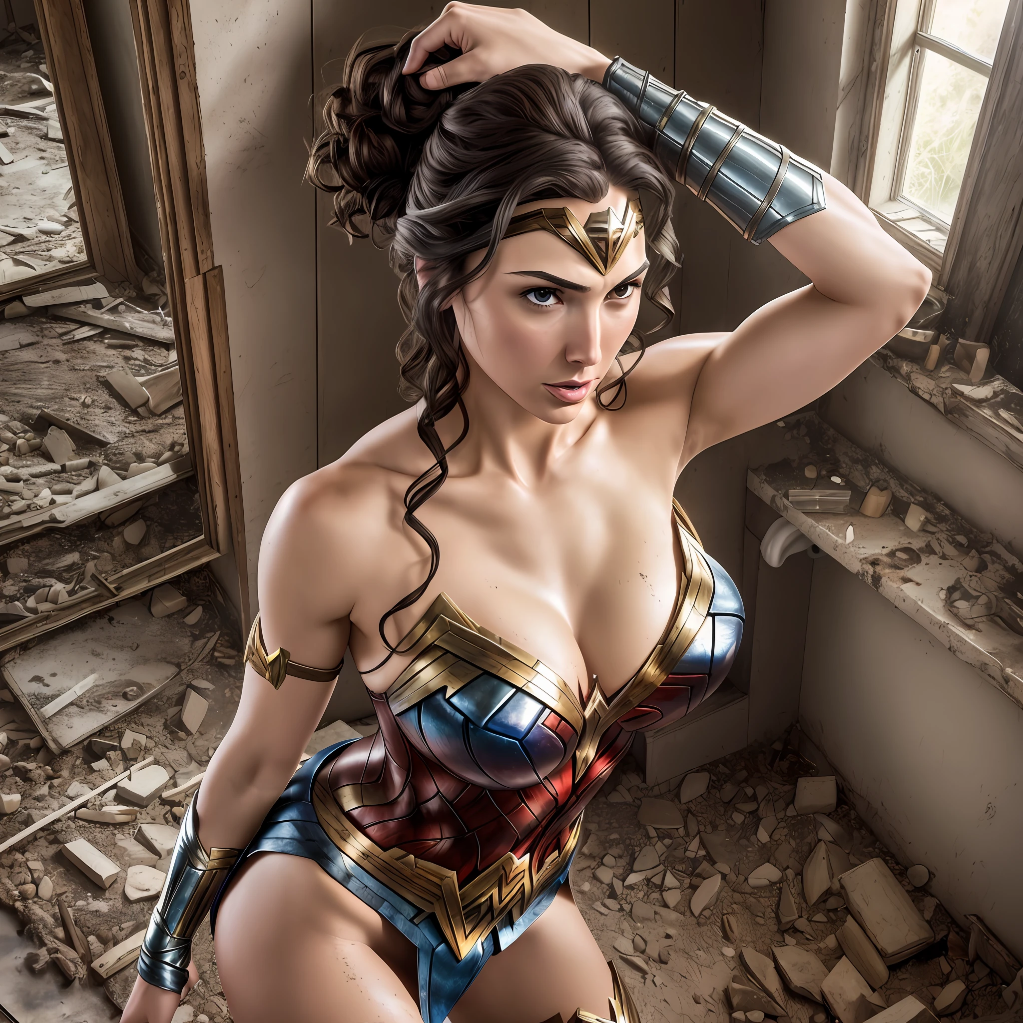 photo of Gal Gadot, RAW, beautiful woman hair updo upsweep, (toilet), (in abandoned house), (showing shave armpits), ((darkness: dimly lit)), (visible nipple from clothe), (Wonder Woman costume), huge cleavage, (full body:1), sexy figure, (big boobs:1), (big ass:1), (masterpiece) (perfect proportion)(realistic photo)(best quality) (detailed) (8k) (HDR) (wallpaper) (cinematic lighting) (sharp focus) (intricate) --auto --s2