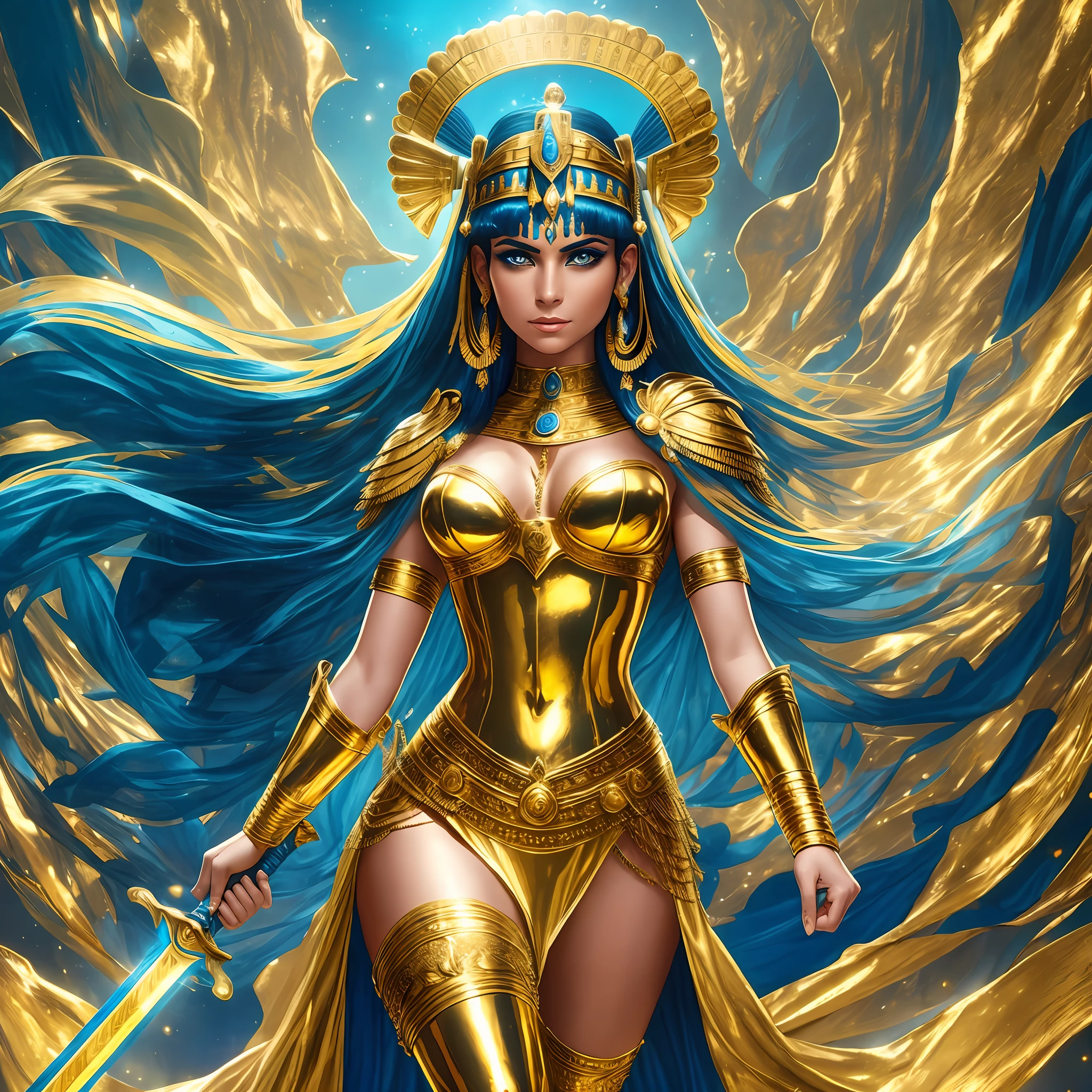 Cleopatra, metallic heroic costume covering the entire body, holding golden sword, golden and blue lights in aura, dramatic pose, ocean blue background