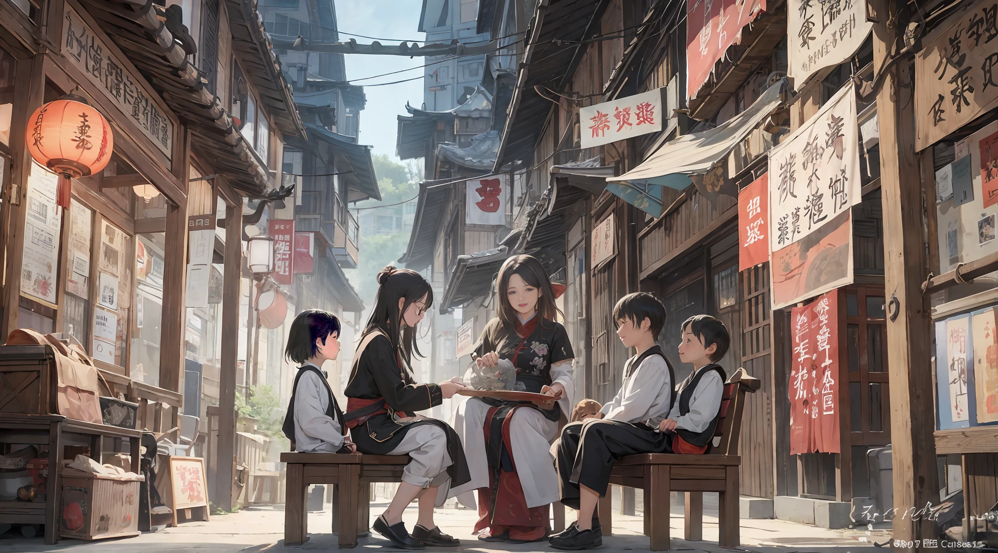 {{masterpiece, best quality, extremely detailed CG, unity 8k wallpaper, cinematic lighting}}, traditional Chinese ink painting,
traditional Chinese ink painting, 2 girls, 1boy, 2 women and a 1 boy sitting on a bench, aunt mother and son, with child, innocent boy, smiling mother and aunt, happy family,