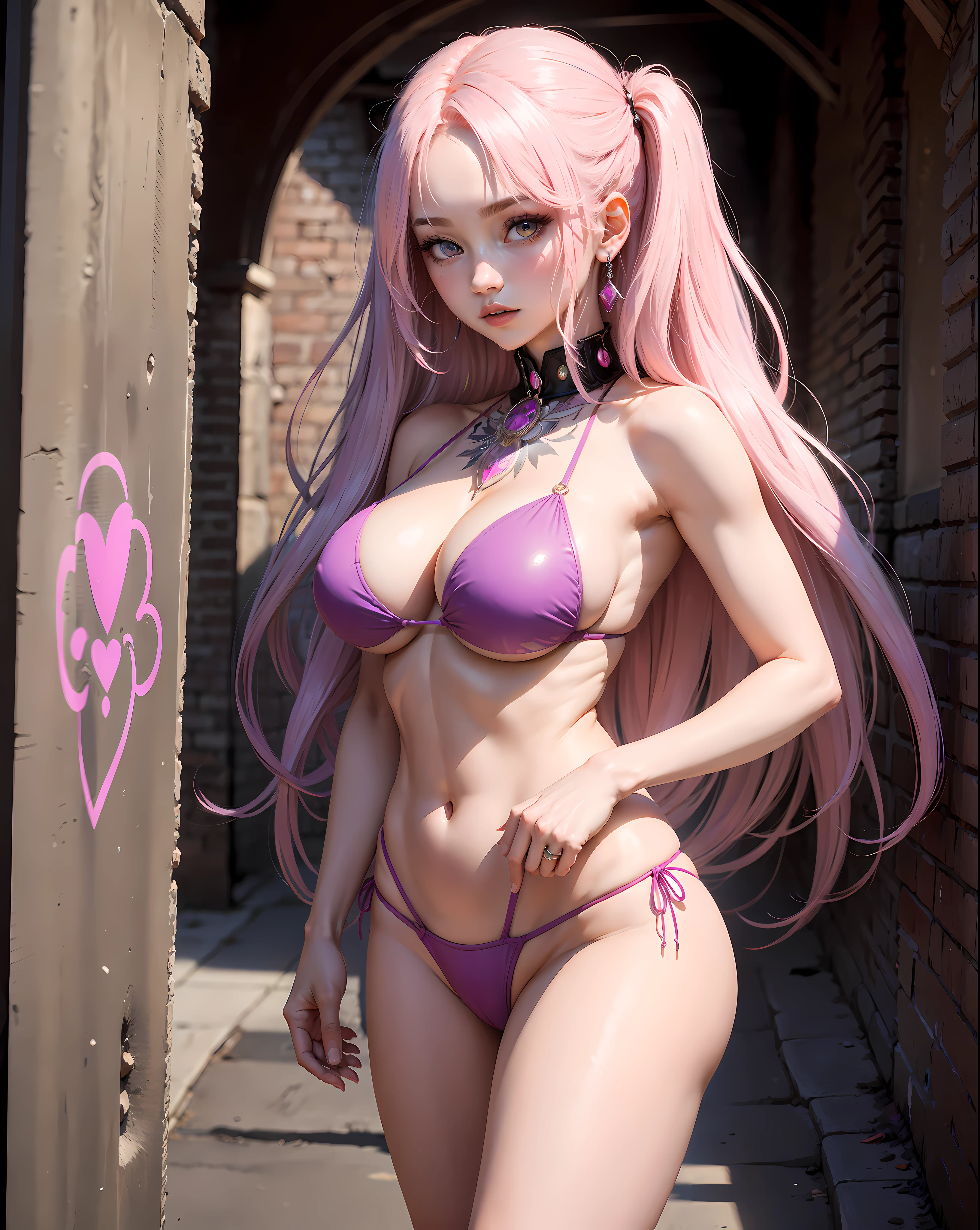 (masterpiece, best quality, 1girl, solo, intricate details, chromatic aberration), highest ultra hyper realistic, ((big breast)),long hair, pink hair, pink highlights, hair over one eye,purple eyes, earrings, sharp eyes,, (symmetry eyes),(perfect symmetrical body),against wall, brick wall, graffiti, dim lighting, alley ,look at viewer, wear small bikini,