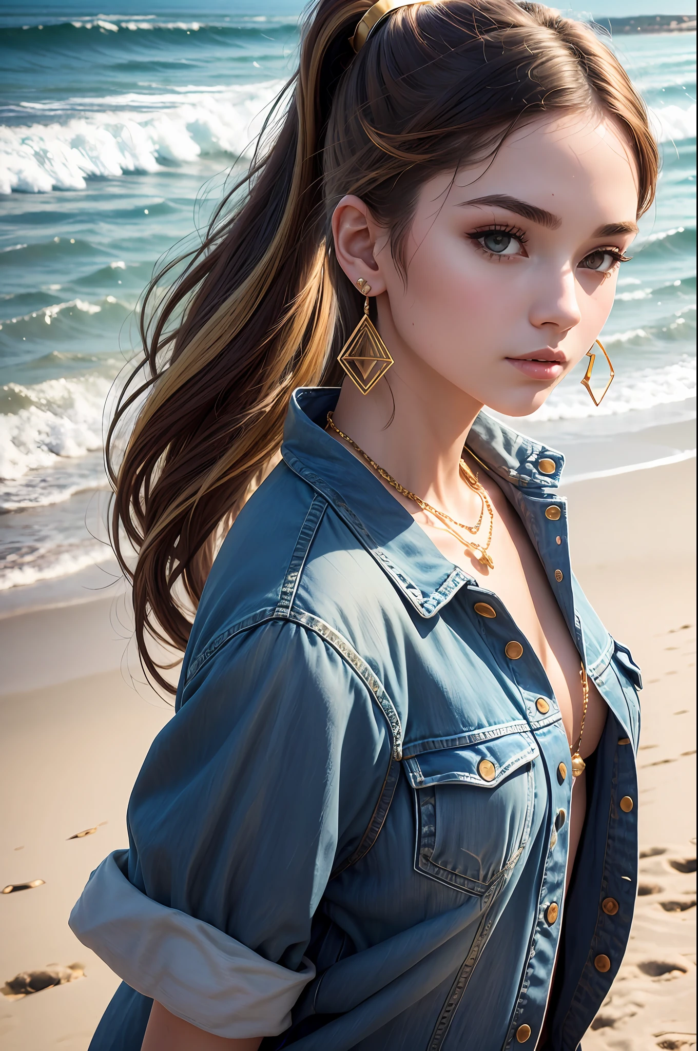 (Masterpiece: 1.5), (Best quality: 1.5), High resolution, high detail, 1 girl, solo, skin highlighter, sharpening, transparent, straight hair, ponytail, multicolored hair, jewelry, bracelet, earrings, denim lens, pale skin, golden beach, sun, brunette reflection