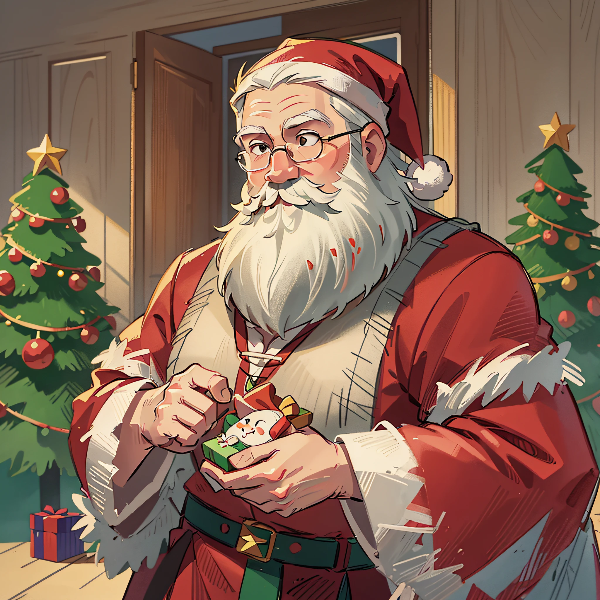Santa Claus holding Christmas presents in his hands, white beard, Christmas night, cartoon illustration style, vintage tones, Christmas tree,