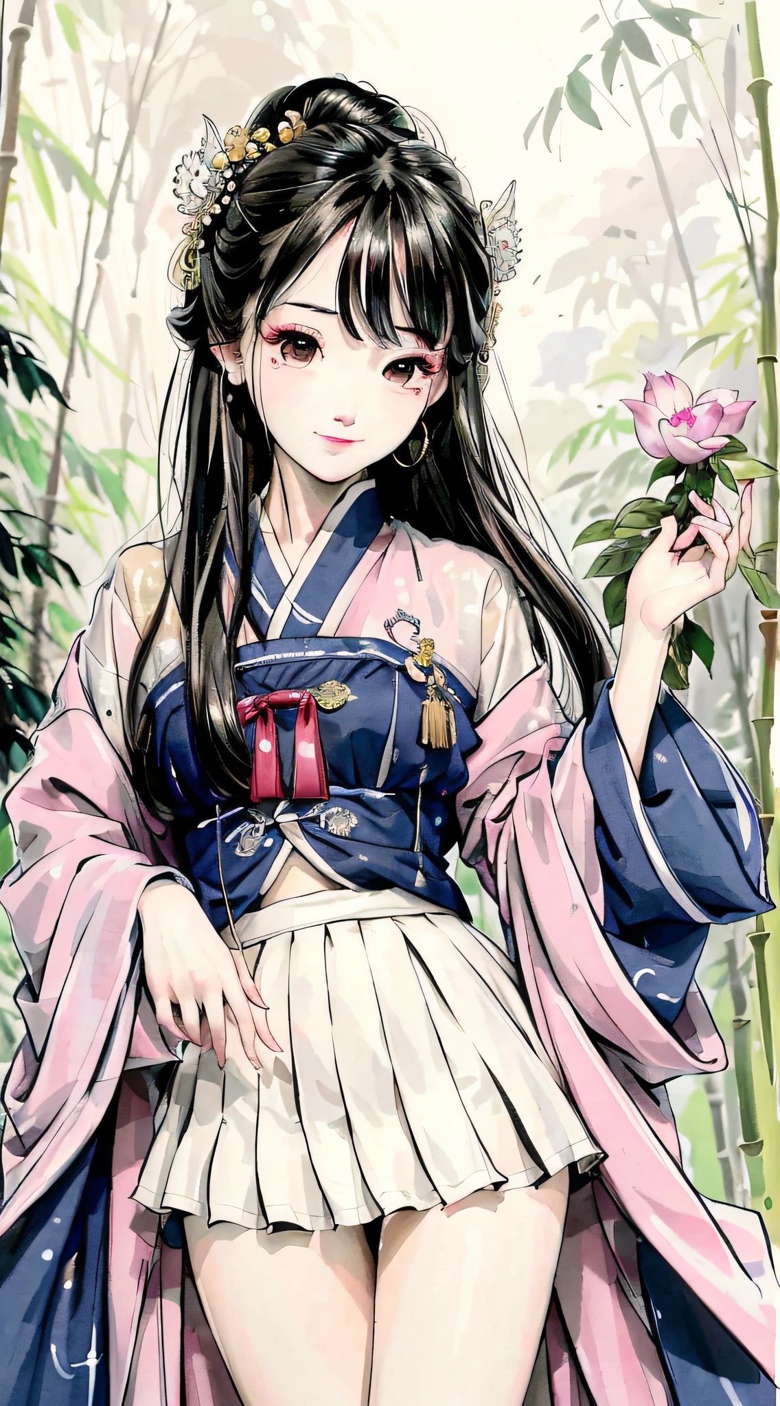Masterpiece, 4k, super detailed, 1girl, 20-year-old young woman, delicate facial features, perfect face, smile, light makeup, hanfu, long skirt, skirt, bamboo forest, ink style
