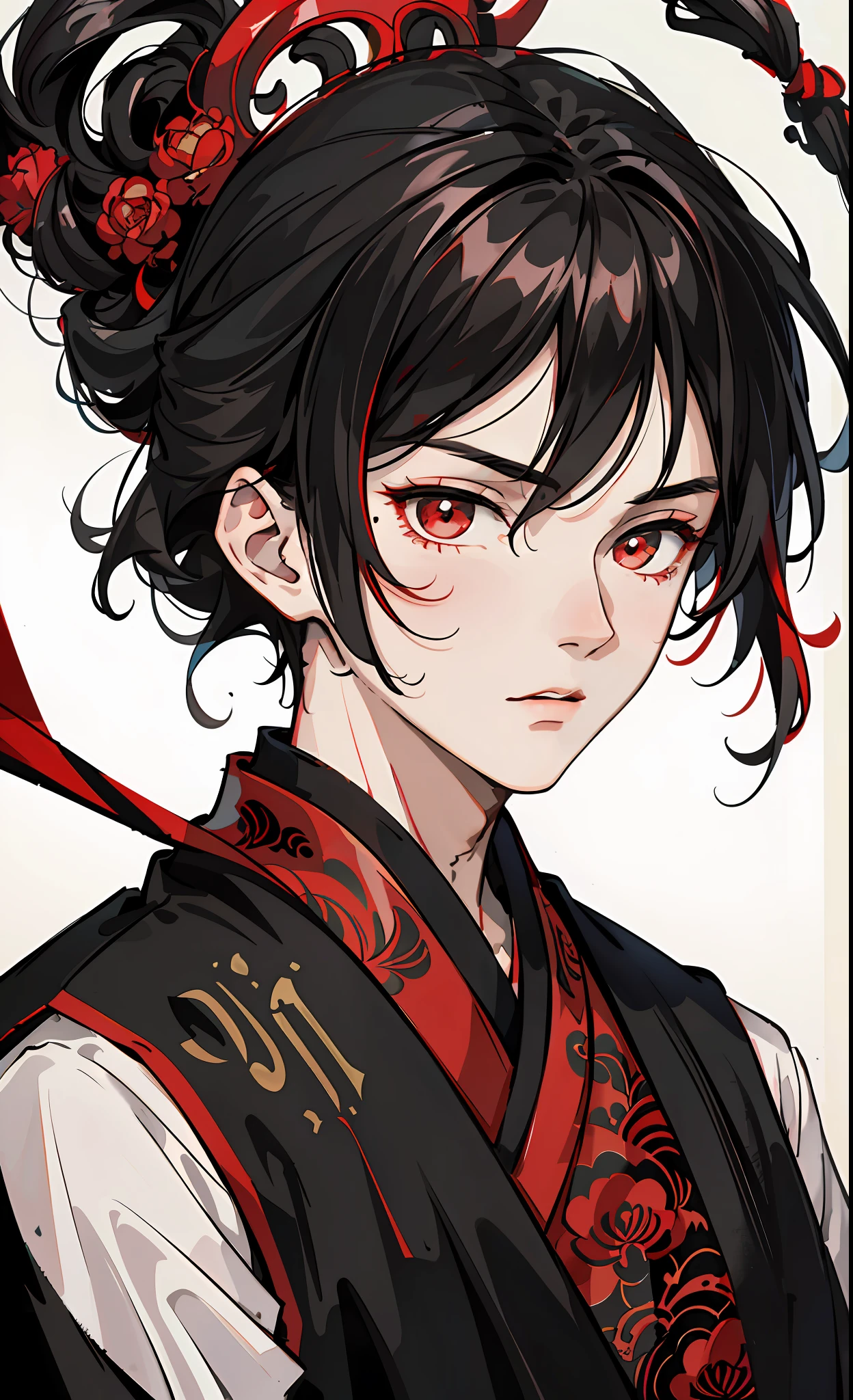 Mature boy, black hair, floating hair, delicate eyes, red pupils, black and red antique damask hanfu, FOV, f1.8, masterpiece, complex scene, gorgeous portrait shot