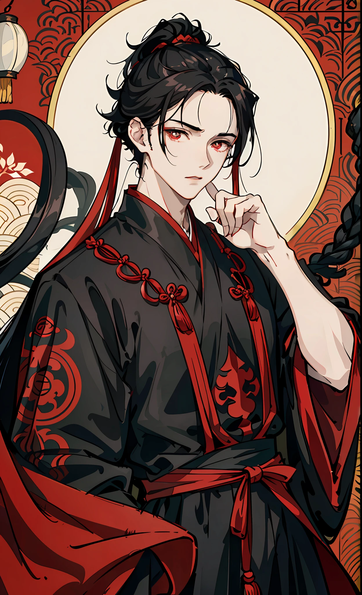 Mature boy, black hair, floating hair, delicate eyes, red pupils, black and red antique damask hanfu, FOV, f1.8, masterpiece, complex scene, gorgeous portrait shot