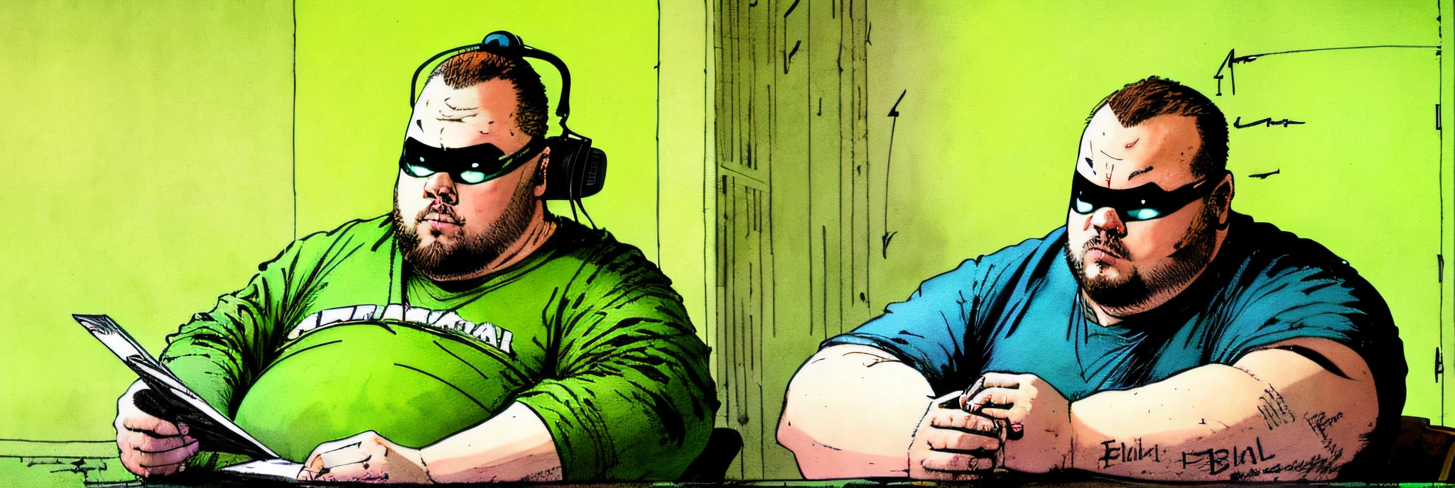 fat-guy, library, writing, studying, science fiction, complex scene   futuristic, post-apocalyptic
dark, dim light, dark-scene, green-scale
(  ink sketch by Enki Bilal)((masterpiece, best quality, )),