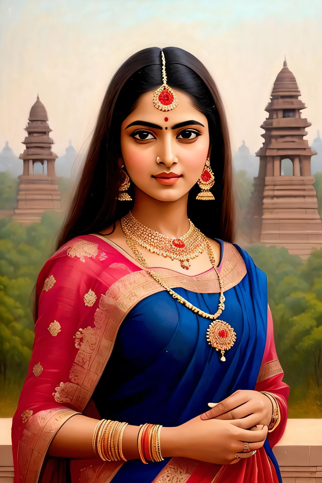 a professional majestic photo-realistic  painting by ravi verma, intricate stunning highly detailed  Indian  woman,  looking at the viewer, slight  coy smile, full body portrait,  aesthetic, pastel colors, highly detailed symmetrical attractive face, large eyes, sharp focus, fine detail,  autumn lights,  next to khajuraho  monuments in the background