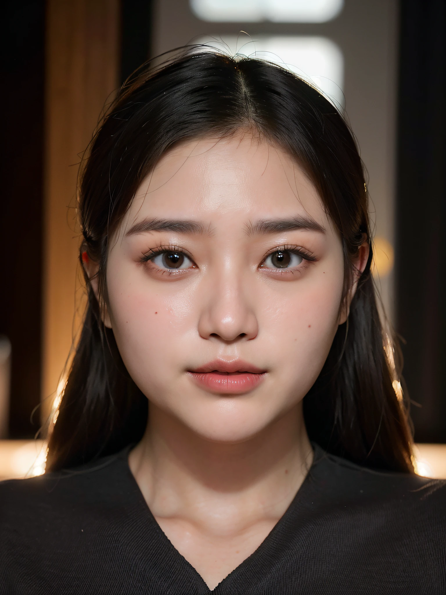 arafed woman with long black hair and a black shirt, korean symmetrical face, korean face features, south east asian with round face, 3 0 years old woman, 30 years old woman, korean woman, 2 9 years old, 2 8 years old, 2 7 years old, 3 2 years old, with round face, asian face