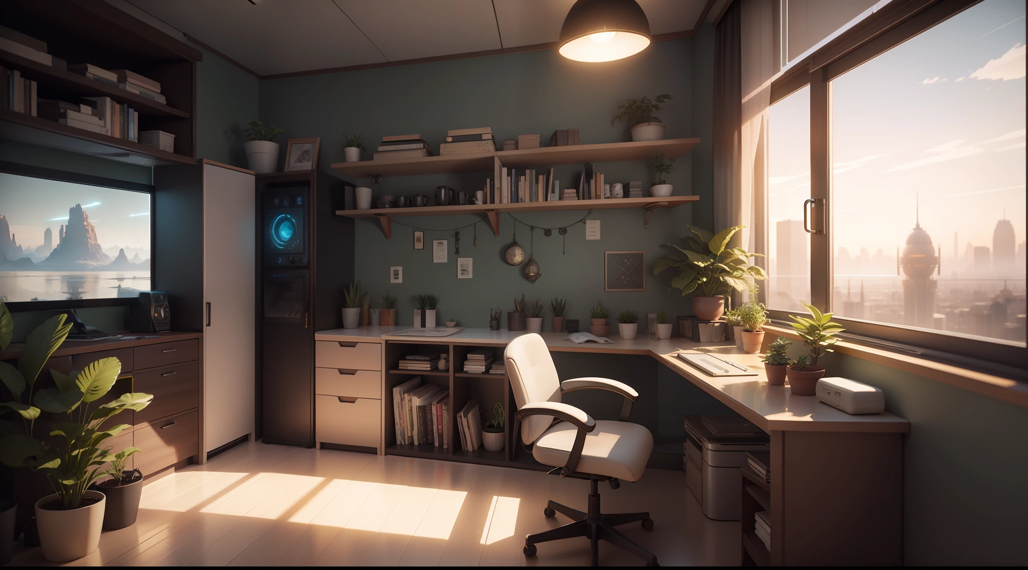 there is a computer desk with a chair and a vase in the corner, CGSOCIETY 9, Jessica Rossier color scheme, retro solarpunk apartment, solarpunk. CG game, rendered in lumion pro, sci - fi interior, octane render : :, rendered in lumion, matte painting of steam engines, from a movie 2 0 1 9 sci fi 8 k, solarpunk, many plants