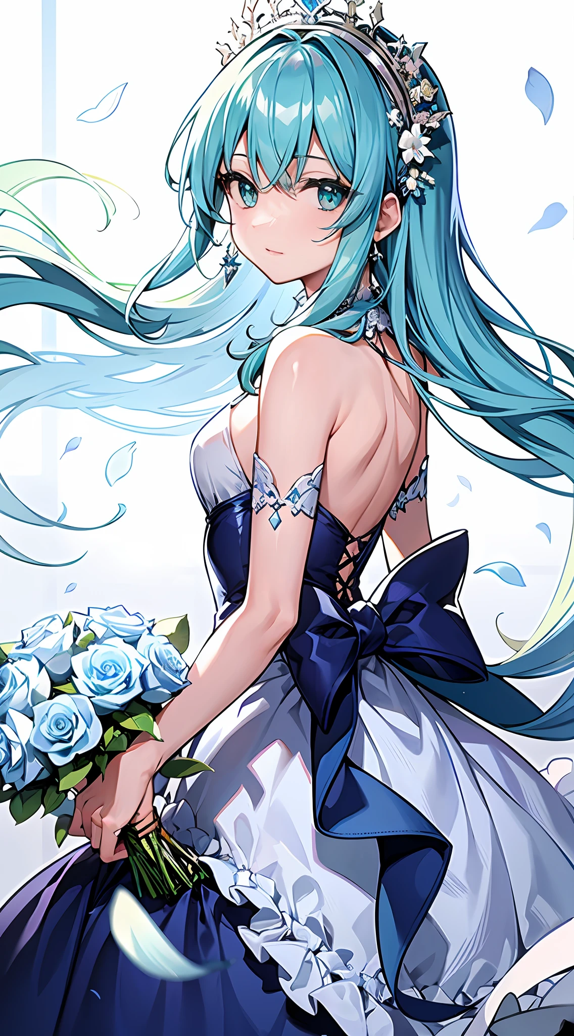 He has long blue hair, small gold headdresses on both sides, a very playful expression, and a petal-like collar. In the middle is a blue gemstone. Green bands float from behind, and a teal dress dances in the wind. Elegant and noble girl, dressed very gorgeously, cold light blue hair with a large bouquet of white roses. A white transparent scarf surrounds the girl. Light blue skirt, golden beach, sun, black hair reflective