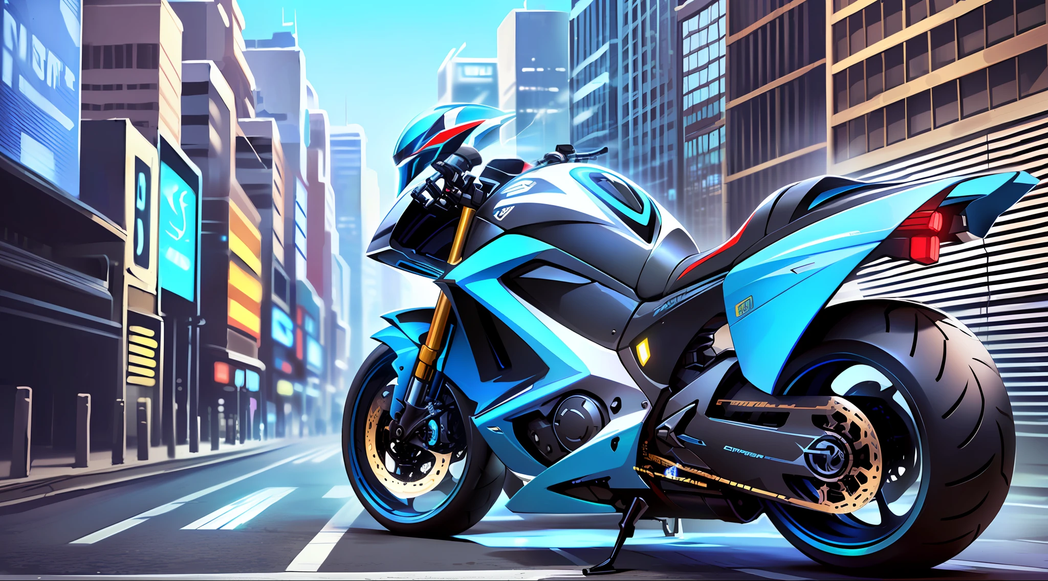 The ultra-detailed futuristic motorcycle that looks straight out of a sci-fi movie. The motorcycle's design is incredibly stylish, with a streamlined body and smooth curves. made of light and resistant materials, with a glossy finish that reflects light spectacularly. The headlamps match the design perfectly, with a futuristic glass lens that glows in shades of blue and red. changing color and pattern to indicate the direction of the curve. --auto --s2
