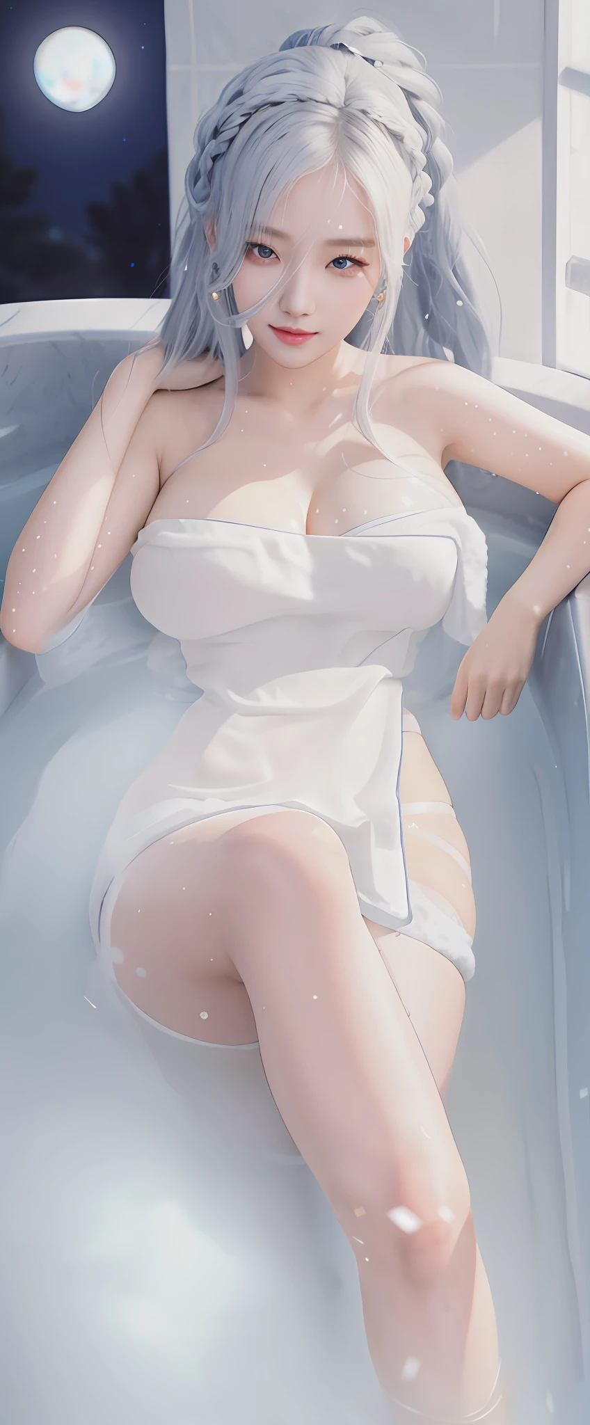 An Idol k-pop girl, cute girl, sexy girl, white braid hair, intricate face details, detailed face, golden ratio face, big breast, big butt, big hip, big thighs, full body, 64K, UHD, HDR, high quality, high detailed, hyper detailed, extremely detailed, photo realistic, ultra realistic, art photo, clarify the details, detailed parts body, intricate artwork masterpiece, trending on artstation, light smile, wearing bath towel