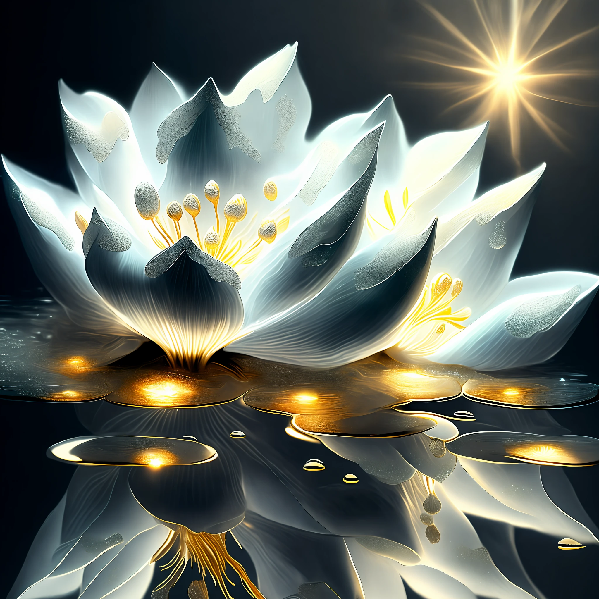 White lilies, ultra-transparent, holy light, beautiful spectral light, petals glowing, shimmering, water surface dim background, water droplets a lot, transparent light droplets, reflected light, bright, light inflow, optics, portrait silhouette, sharp focus, magical, intricate, sur-reality, fantasy, composition, light, artstation trend, pearl, patron cloud of silver steam, corrosion enveloping ray family, 8k, ureal ar 23v4 UPLIGHT