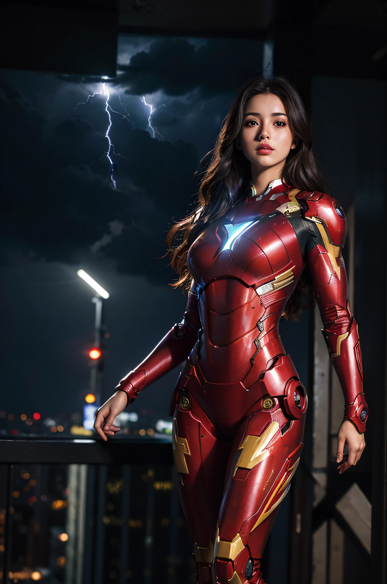 Top Quality, Masterpiece, (Photorealistic:2), Ultra Definition, Ultra Realistic, 1girl, Beautiful Face, Pretty Face, (Big: 1.5), Iron Man Suit with Open Chest, Long Legs, Dark Brown Shoot Hair, ((Slim Body)),Full Shot, Standing Pose, Looking at the Sky, Trying to Jump Out New York Night, City, Rain, Cyberpunk Atmosphere, Dark Scene, dark atmosphere, bright neon, fog, cloudy, ((lightning)), detailed background