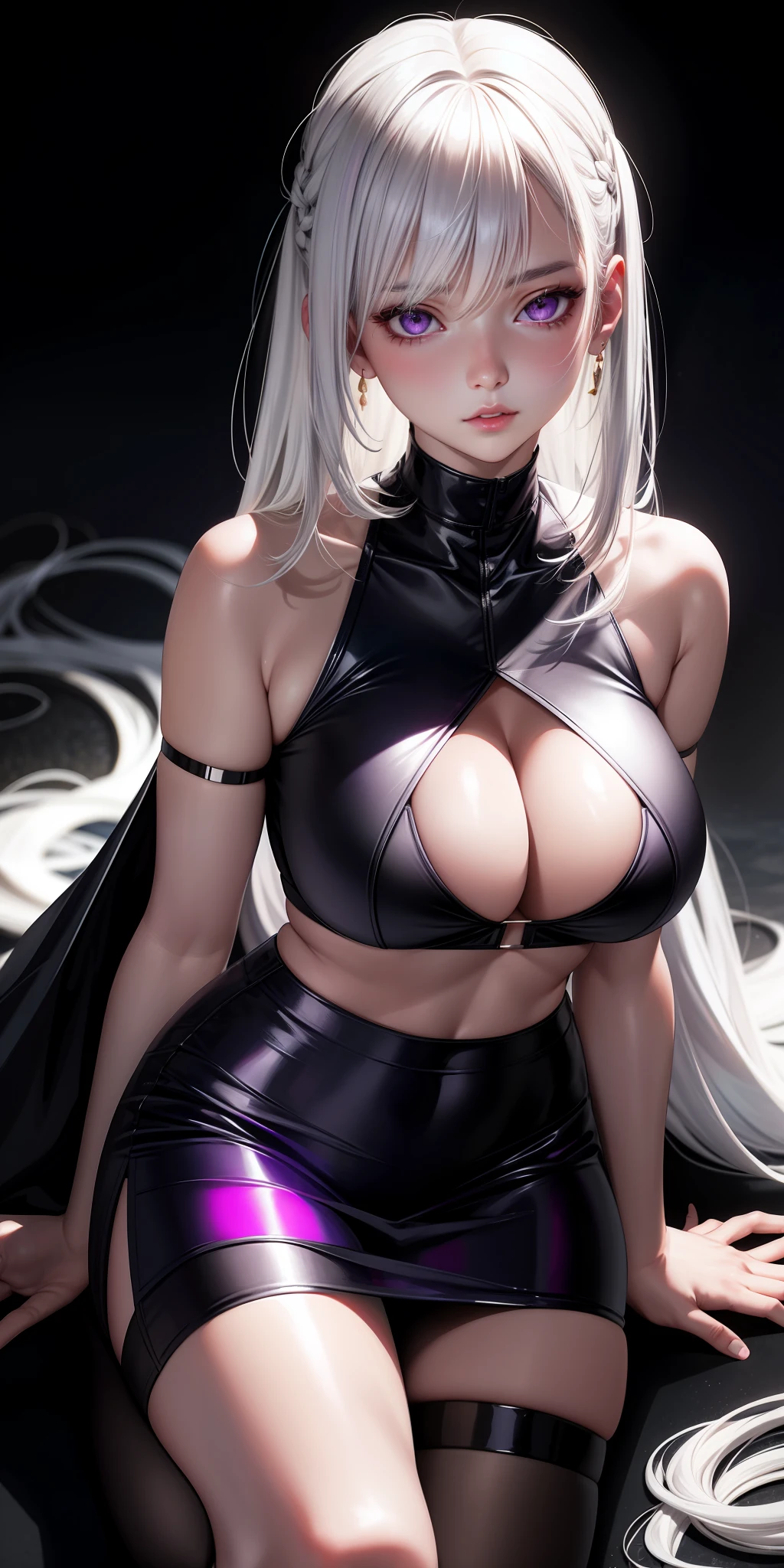 Realistic, 1girl, white hair, purple eyes, glowing eyes, big breasts, kneeling, cropped top, short skirt, parted lips, blush, night,