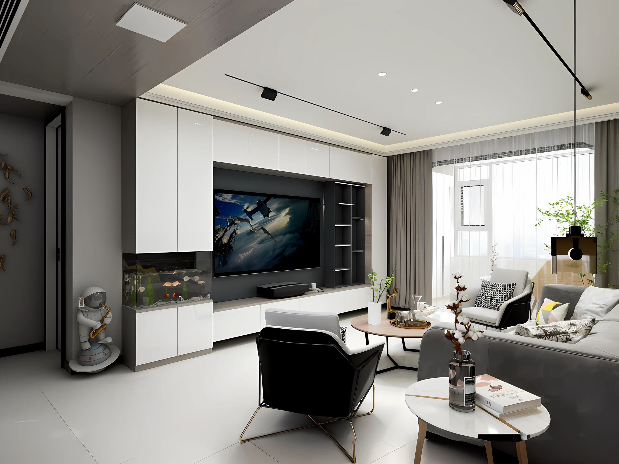 Living room with sofa, chairs, coffee table and TV, concept art. 8 K, high quality 3D rendering, high quality 3 D rendering, excellent 3D rendering, 8 K CG rendering, realistic 8K rendering, very realistic 3 D rendering, wide cinematic view, HD rendering, 8K high quality and resolution, wide angle lens, wood color,