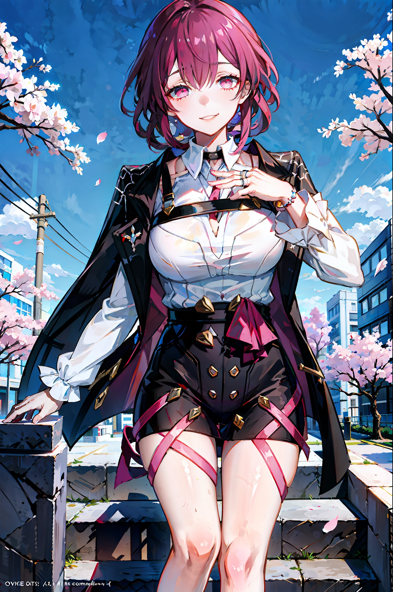 masterpiece, best quality, full body, 1girl, bangs, black choker, black necktie, blonde hair, blue skirt, blush, bracelet, breasts, choker, clothes around waist, collarbone, collared shirt, cowboy shot, dress shirt, ear piercing, eyebrows visible through hair, gradient hair, grin, gyaru, jewelry, kogal, long hair, looking at viewer, loose necktie, necktie, piercing, plaid, plaid skirt, pleated skirt, red eyes, ring, school uniform, shirt, skirt, smile, solo, white shirt, street, sky, cherry blossoms, petals,illustration, (magazine:1.3), (cover-style:1.3), fashionable, woman, vibrant, outfit, posing, front, colorful, dynamic, background, elements, confident, expression, holding, statement, accessory, majestic, coiled, around, touch, scene, text, cover, bold, attention-grabbing, title, stylish, font, catchy, headline, larger, striking, modern, trendy, focus, fashion,