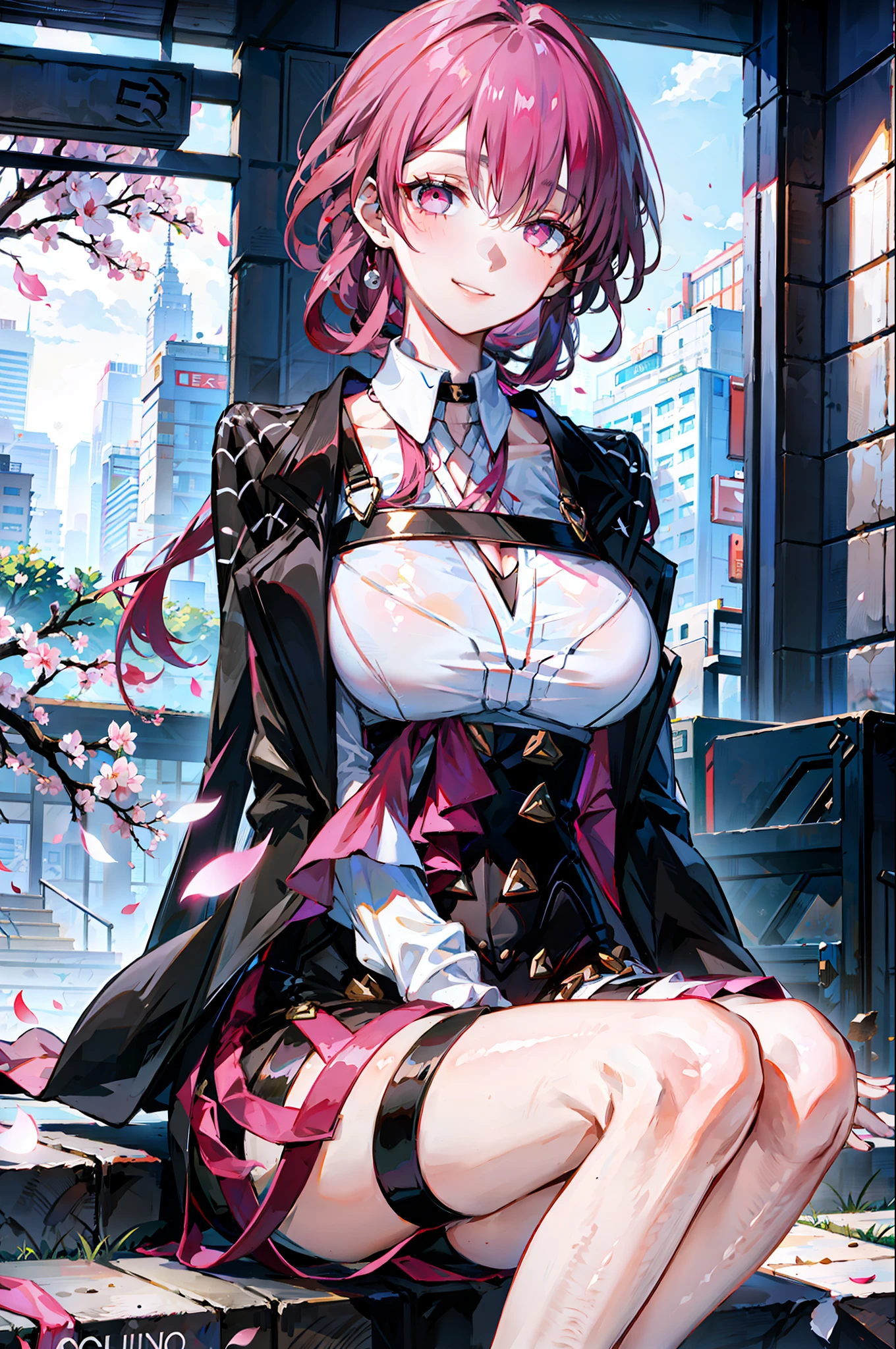 masterpiece, best quality, full body, 1girl, bangs, black choker, black necktie, blonde hair, blue skirt, blush, bracelet, breasts, choker, clothes around waist, collarbone, collared shirt, cowboy shot, dress shirt, ear piercing, eyebrows visible through hair, gradient hair, grin, gyaru, jewelry, kogal, long hair, looking at viewer, loose necktie, necktie, piercing, plaid, plaid skirt, pleated skirt, red eyes, ring, school uniform, shirt, skirt, smile, solo, white shirt, street, sky, cherry blossoms, petals,illustration, (magazine:1.3), (cover-style:1.3), fashionable, woman, vibrant, outfit, posing, front, colorful, dynamic, background, elements, confident, expression, holding, statement, accessory, majestic, coiled, around, touch, scene, text, cover, bold, attention-grabbing, title, stylish, font, catchy, headline, larger, striking, modern, trendy, focus, fashion,