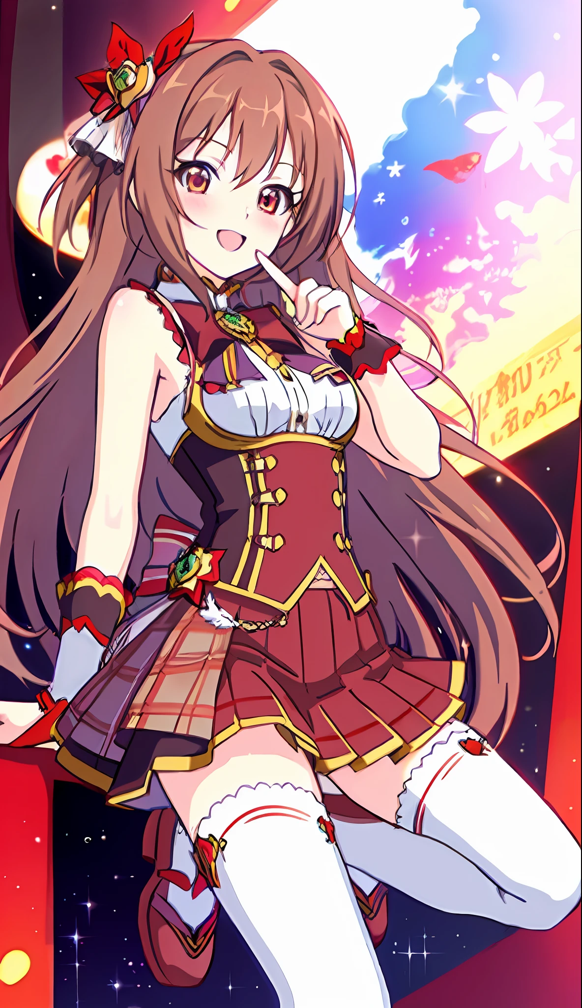 18 Love Beautiful Girl, Masterpiece, Top Quality, 8K Anime, Detailed Fingers, Precise Fingers, Unnatural Hands, Illustrations, 1 Girl, Solo, Brown Long Hair, Red Idol Costume, Red Mini Skirt, Red Sex Eyes, White Knee Socks, Nozomi,