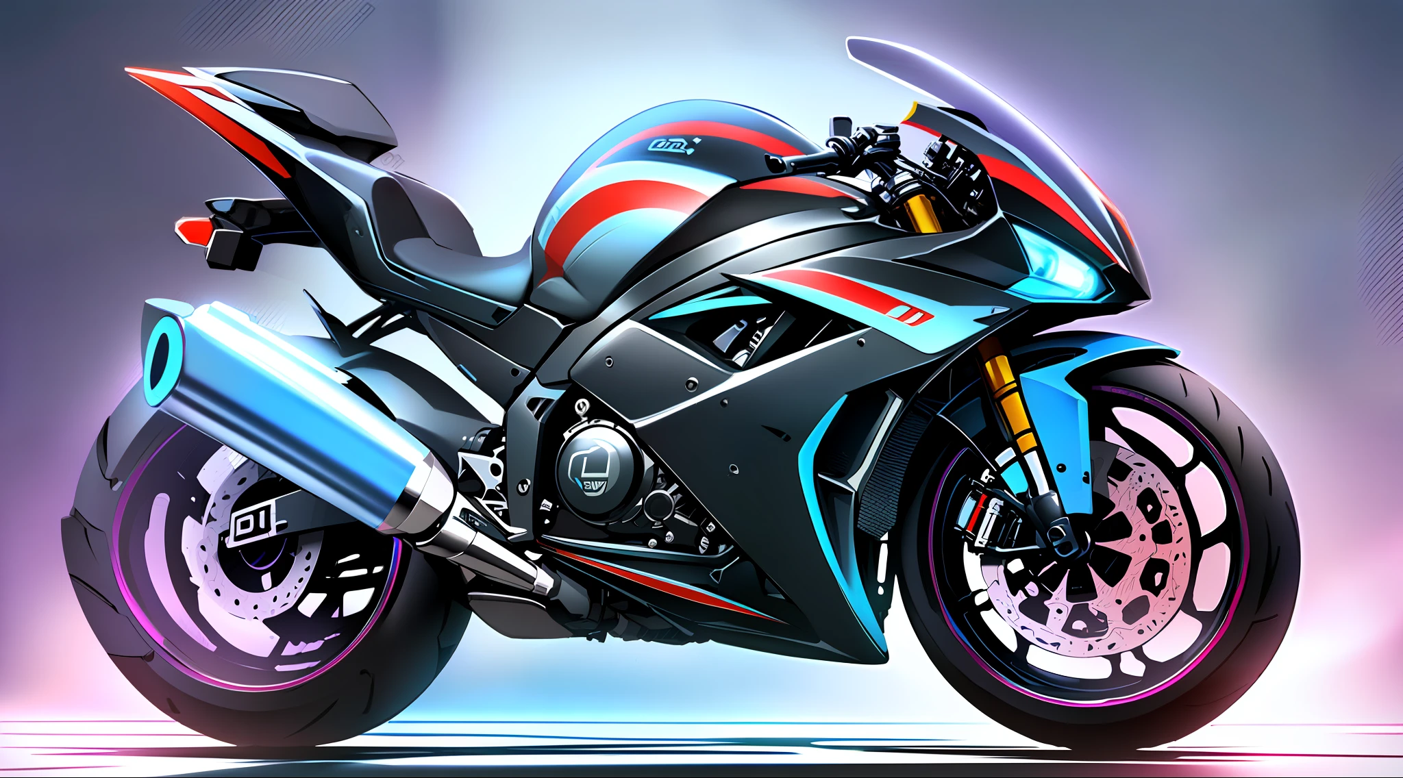 The ultra-detailed futuristic motorcycle that looks straight out of a sci-fi movie. The motorcycle's design is incredibly stylish, with a streamlined body and smooth curves. made of light and resistant materials, with a glossy finish that reflects light spectacularly. The headlamps match the design perfectly, with a futuristic glass lens that glows in shades of blue and red. changing color and pattern to indicate the direction of the curve. --auto --s2