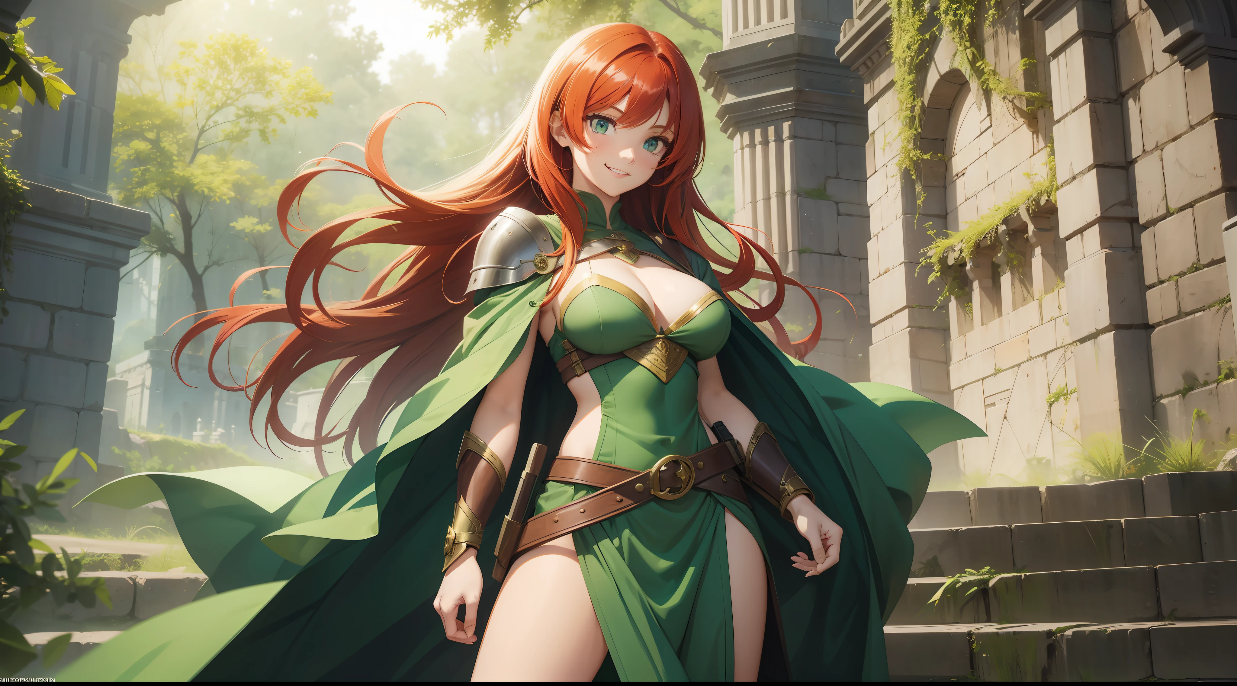 a girl, warrior, redhead, long hair, bright green eyes, beautiful breasts, hair between eyes, bangs, full body, confident, heroic posture, smiling, fantasy, medieval, rays of sun