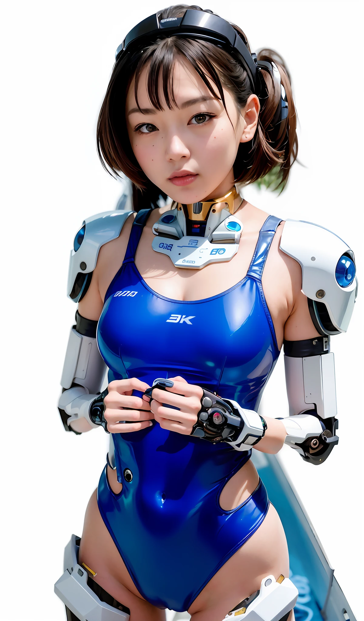 arafed woman in a blue bodysuit with a robot arm, cute cyborg girl, perfect android girl, girl in mecha cyber armor, cyborg girl, beutiful girl cyborg, young lady cyborg, perfect anime cyborg woman, perfect cyborg female, japanese cyborg, cyborg - girl, inspired by Leng Mei, beautiful cyborg girl, girl wearing robotic suit, robot girl