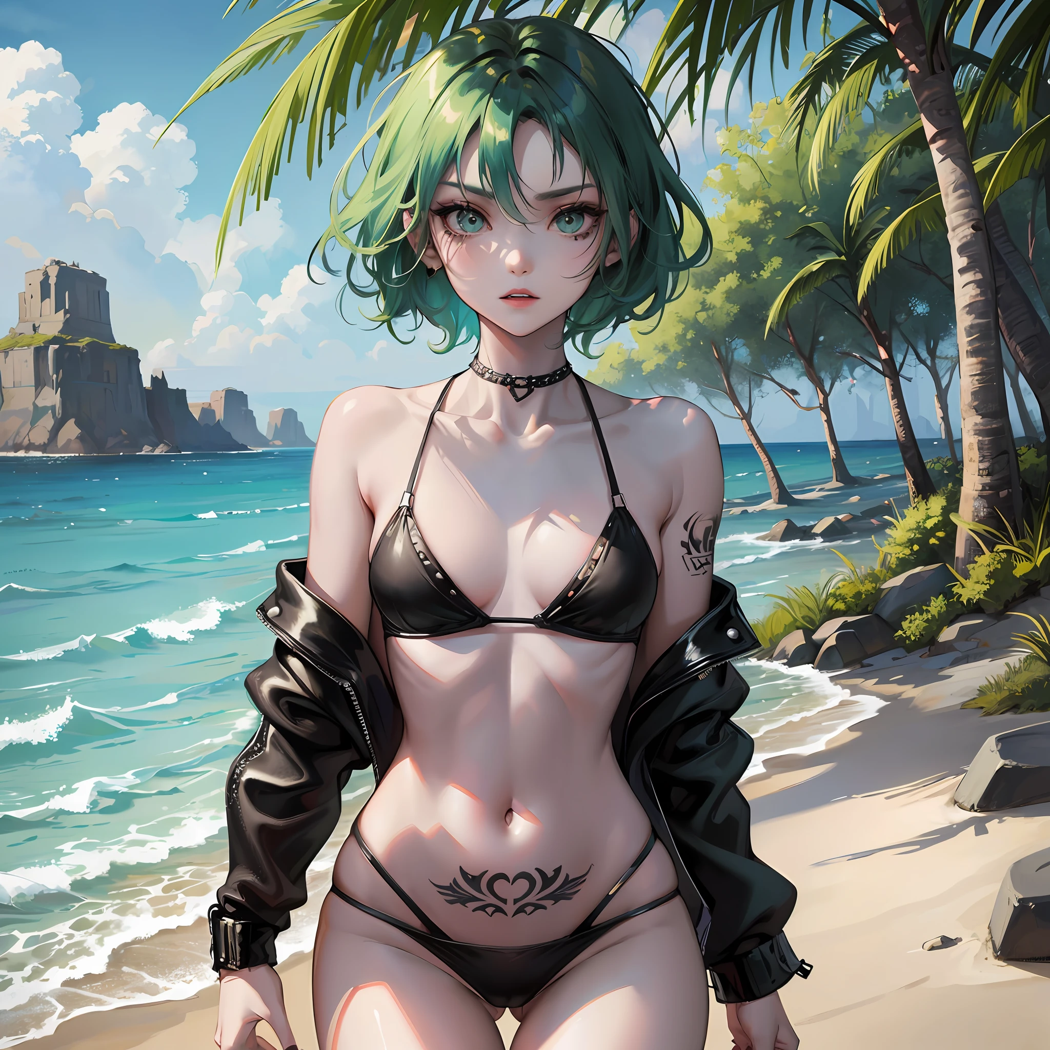 A punk girl in a small green bikini, thin figure, standing by the sea, short green hair, very smoky makeup, black tattoos on arms, chest, abdomen, neck, real photo style, real photo style, high detail, high definition, --auto --s2