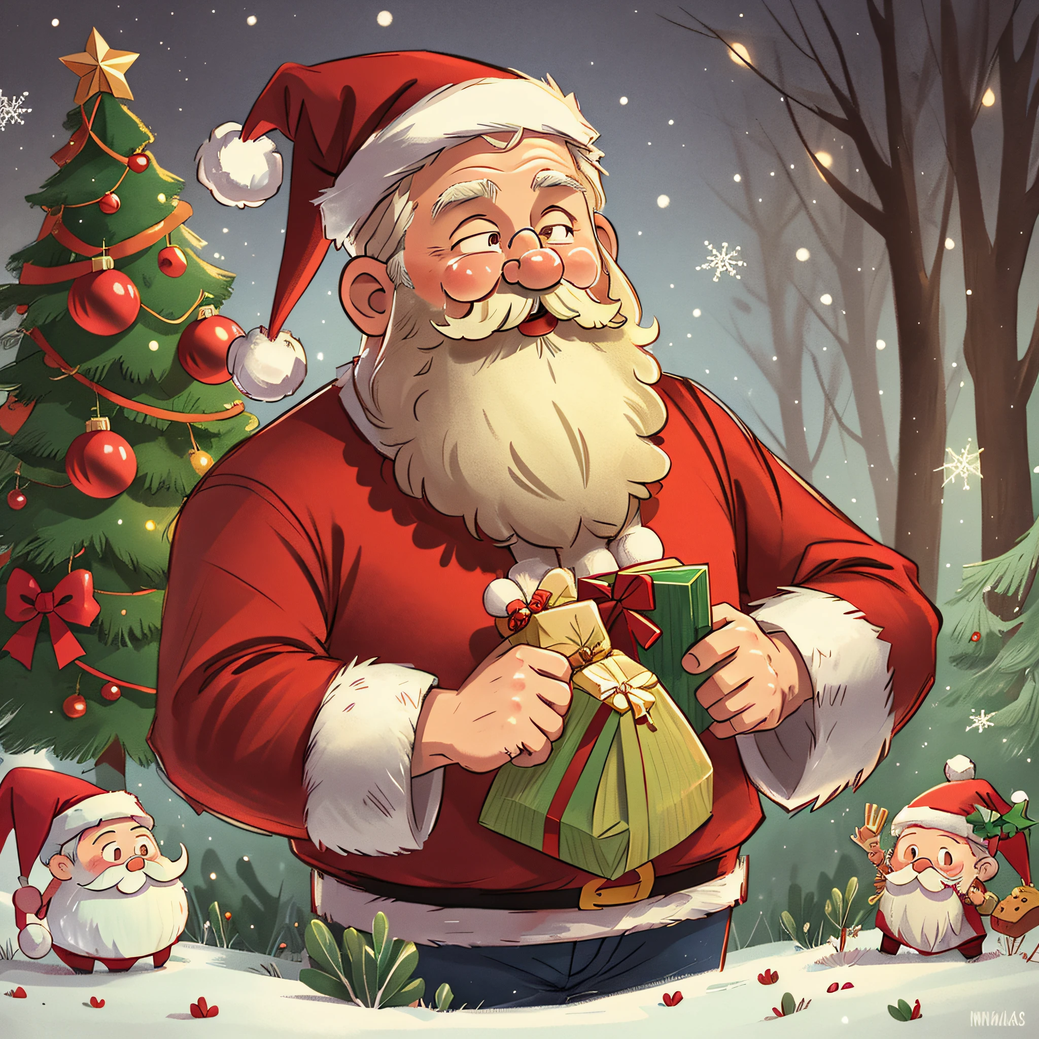 Santa Claus holding Christmas presents in his hands, white beard, Christmas night, cartoon illustration style, vintage tones, Christmas tree,