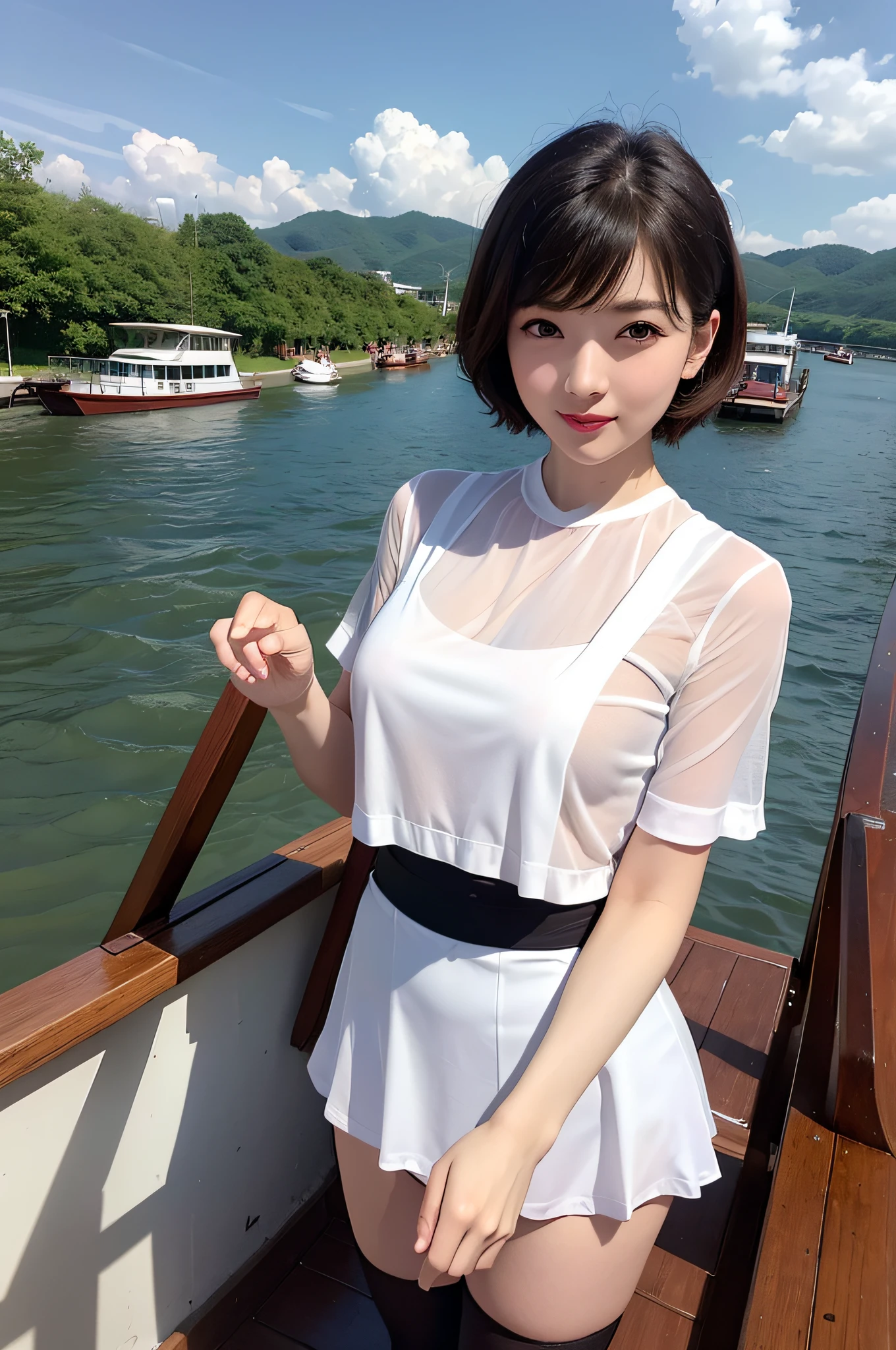 (Masterpiece), (Best Quality: 1.0), (Ultra High Resolution: 1.0), Delicate Eyes, 1 Girl, (Big), (Transparent Top), (Stockings), Short Hair, Dragon Boat Festival, (Short Skirt), (Boating), Realistic, (River, Pier, Beautiful View