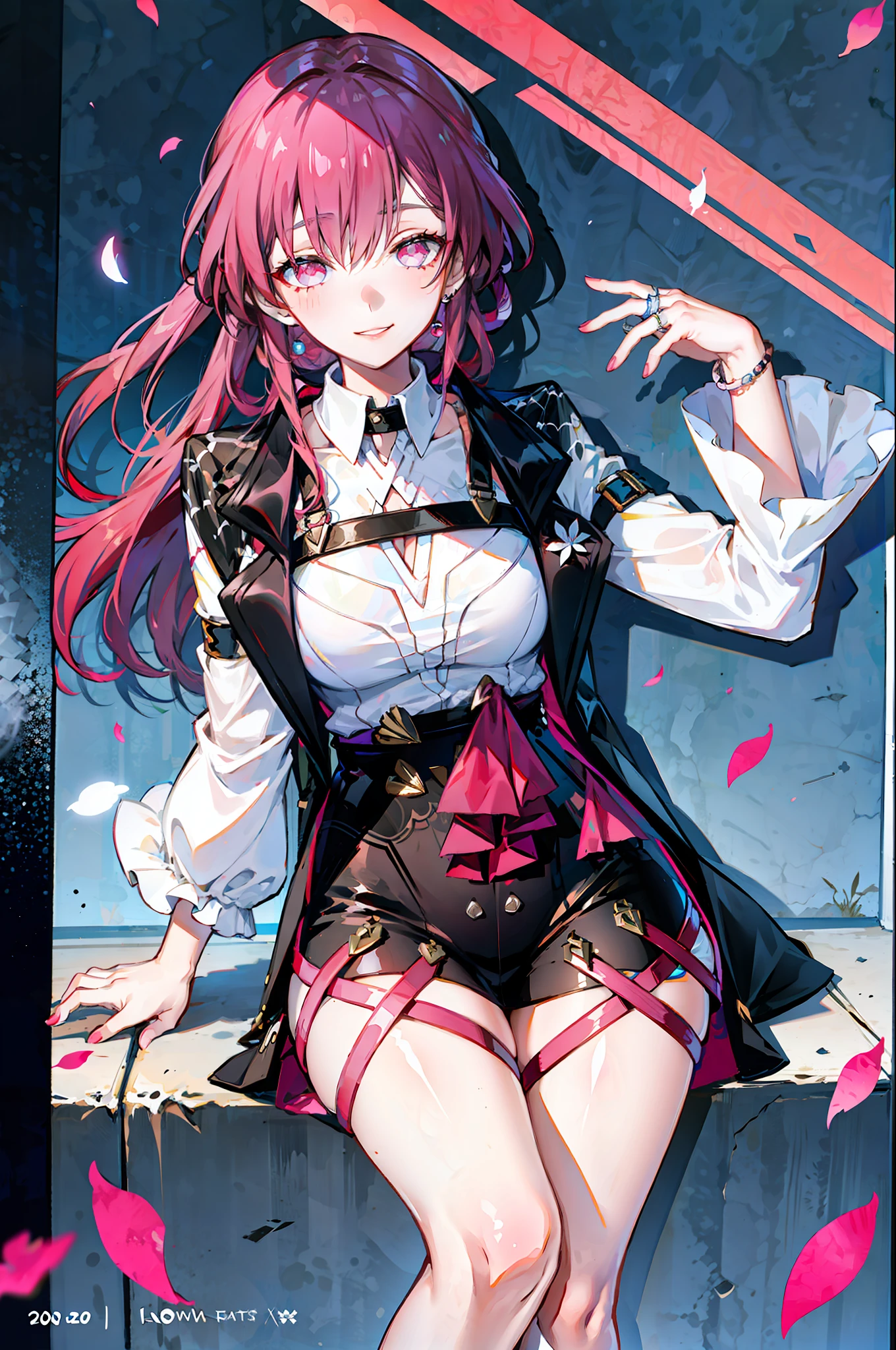 masterpiece, best quality, full body, 1girl, bangs, black choker, black necktie, blonde hair, blue skirt, blush, bracelet, breasts, choker, clothes around waist, collarbone, collared shirt, cowboy shot, dress shirt, ear piercing, eyebrows visible through hair, gradient hair, grin, gyaru, jewelry, kogal, long hair, looking at viewer, loose necktie, necktie, piercing, plaid, plaid skirt, pleated skirt, red eyes, ring, school uniform, shirt, skirt, smile, solo, white shirt, street, sky, cherry blossoms, petals,illustration, (magazine:1.3), (cover-style:1.3), fashionable, woman, vibrant, outfit, posing, front, colorful, dynamic, background, elements, confident, expression, holding, statement, accessory, majestic, coiled, around, touch, scene, text, cover, bold, attention-grabbing, title, stylish, font, catchy, headline, larger, striking, modern, trendy, focus, fashion,