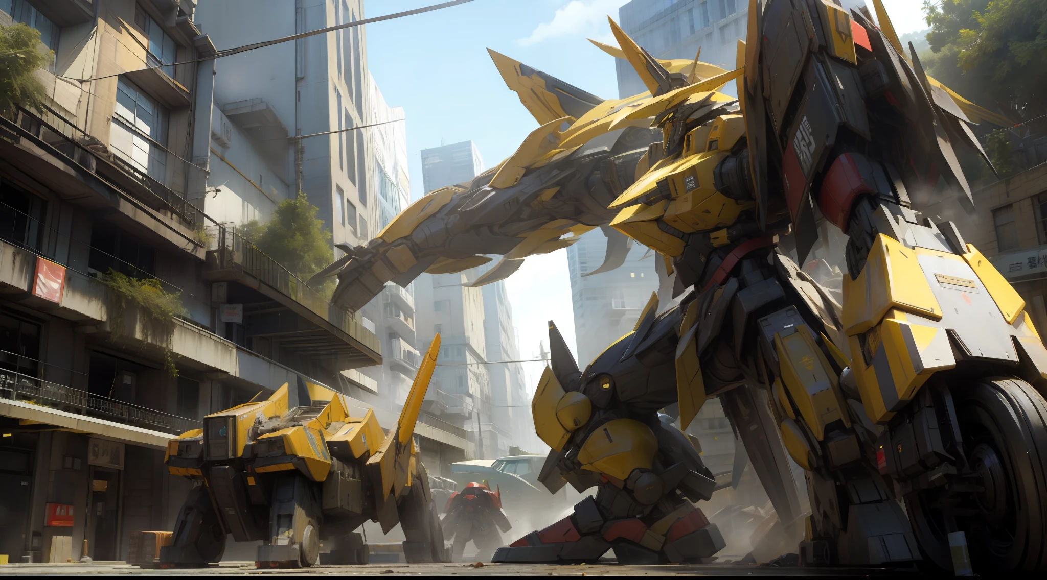yellow and black, a mecha war in a giant city